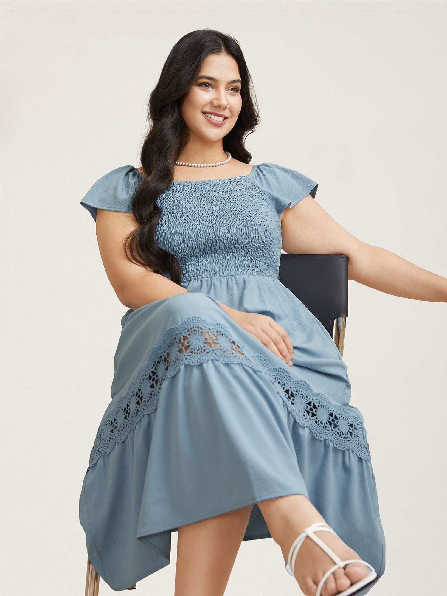 

Plus Size Shirred Stretchy Waist Lace Trim Midi Dress Skyblue Women Elegant Woven ribbon&lace trim Square Neck Sleeveless Curvy BloomChic