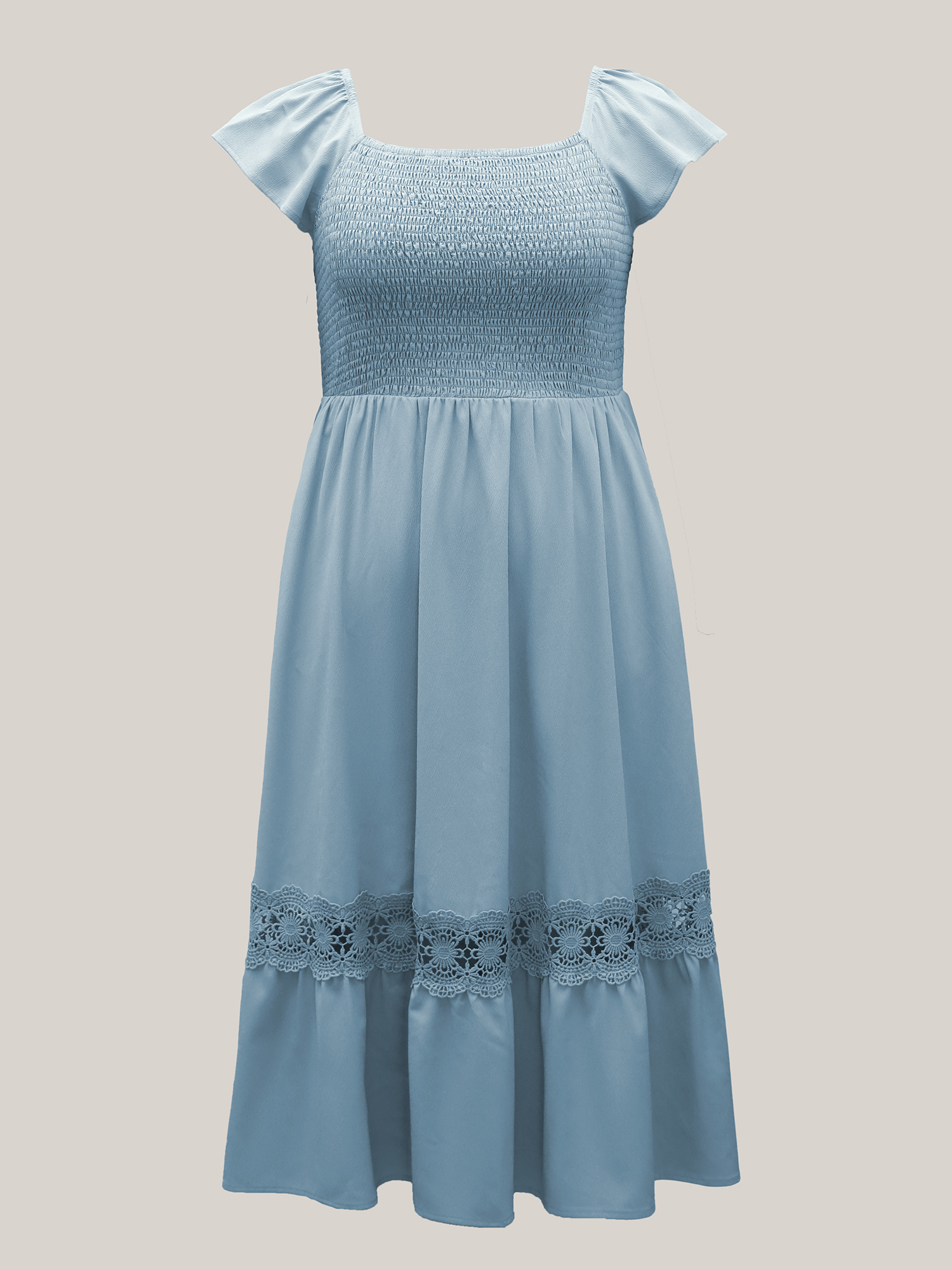 

Plus Size Shirred Stretchy Waist Lace Trim Midi Dress Skyblue Women Elegant Woven ribbon&lace trim Square Neck Sleeveless Curvy BloomChic