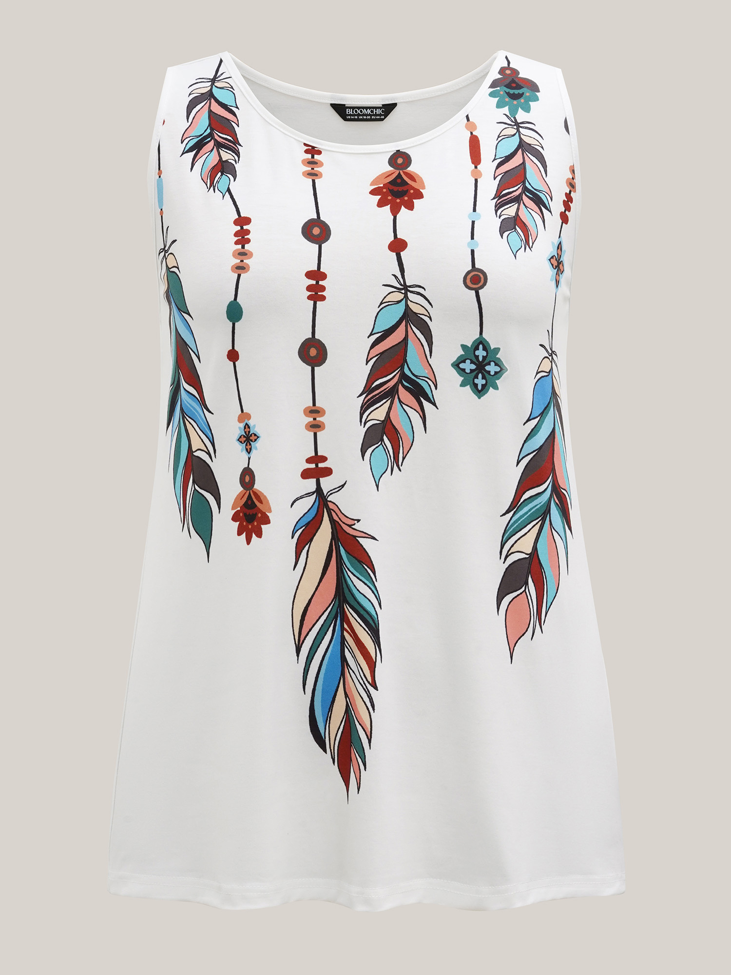 Plus Size Multi-Color Feather Print Stretchy Vest Women Opticwhite Casual Non Round Neck Everyday Tank Tops Camis BloomChic 22-24/3X 