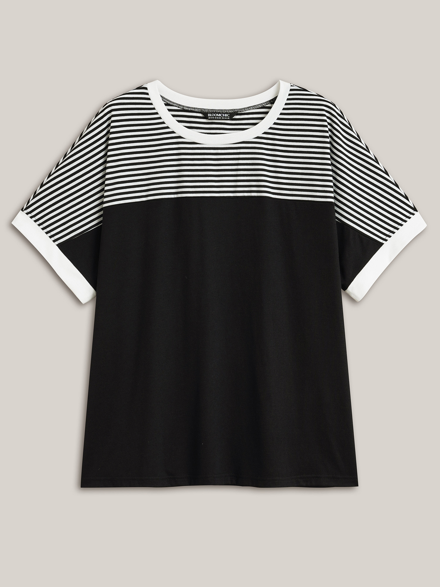 Plus Size Solid and Striped Contrast Hem T-Shirt Black Women Casual Contrast Round Neck Everyday T-shirts BloomChic 26/4X 