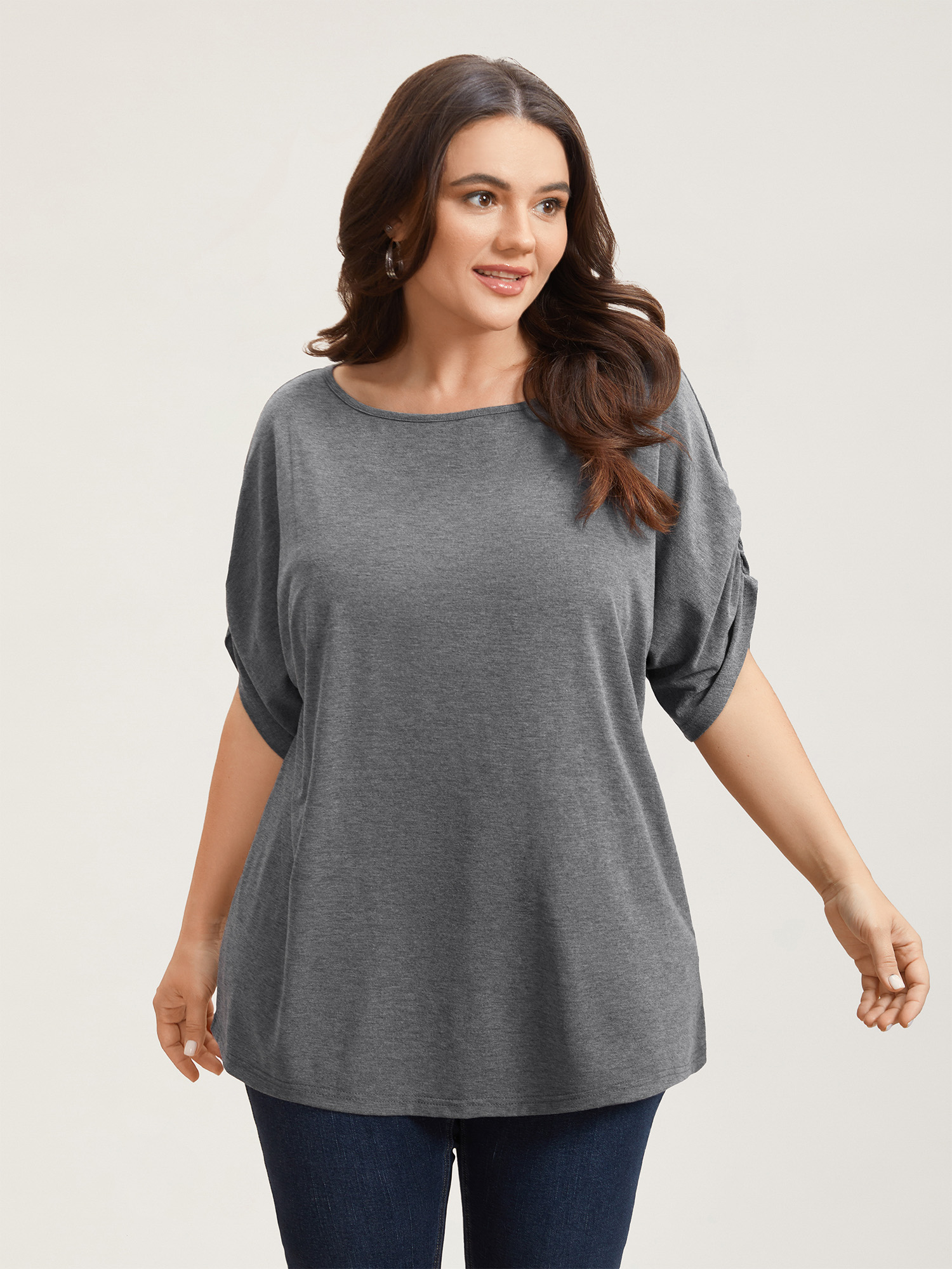 

Plus Size Stretchy Solid Color Gathered Sleeve T-Shirt DimGray Women Casual Gathered Round Neck Everyday T-shirts BloomChic