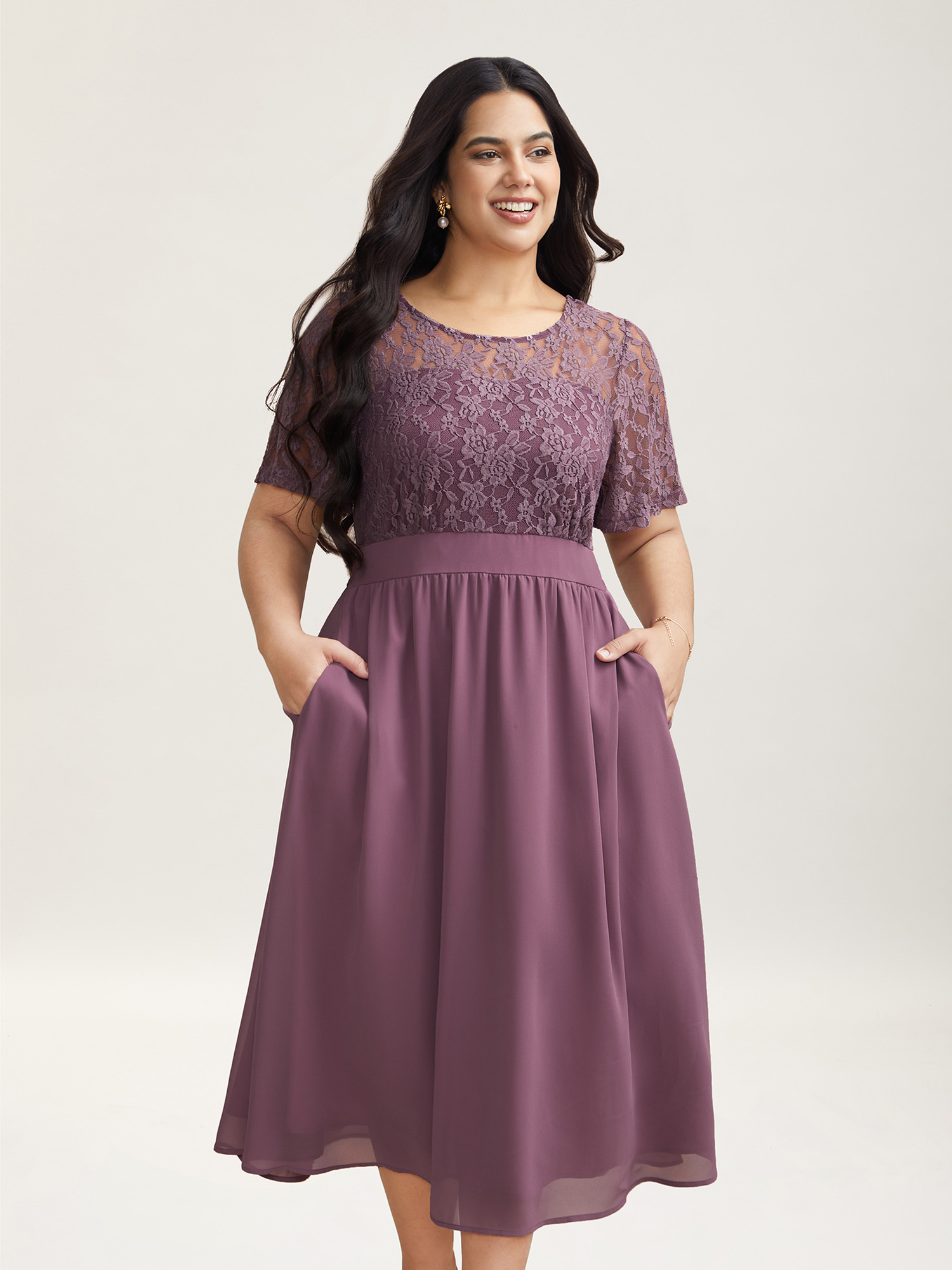 

Plus Size Chiffon Lace Waist-Defining Midi Dress Heather Women Elegant Texture Round Neck Short sleeve Curvy BloomChic