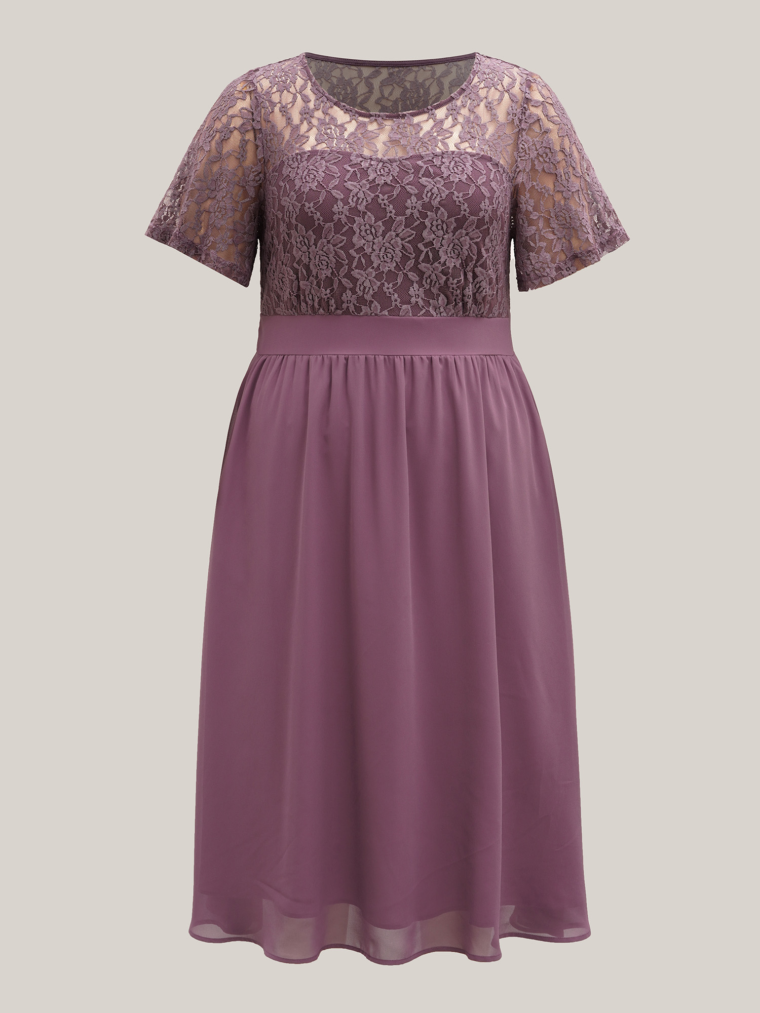 Plus Size Chiffon Lace Waist-Defining Midi Dress Heather Women Elegant Texture Round Neck Short sleeve Curvy BloomChic 10/M 