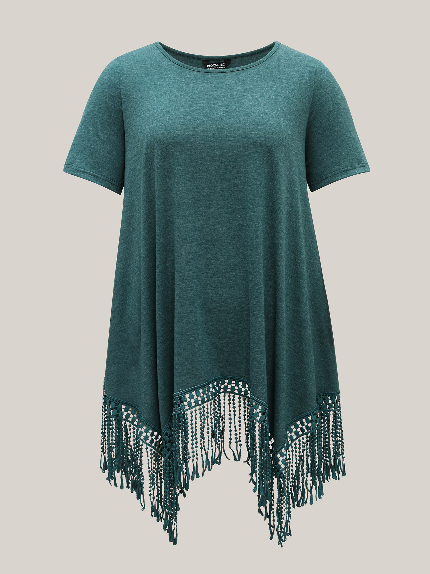 

Plus Size Hi-Low Tassel Hem Stretchy Plain T-Shirt DarkGreen Women Elegant Tassels Round Neck Loose Everyday T-shirts BloomChic