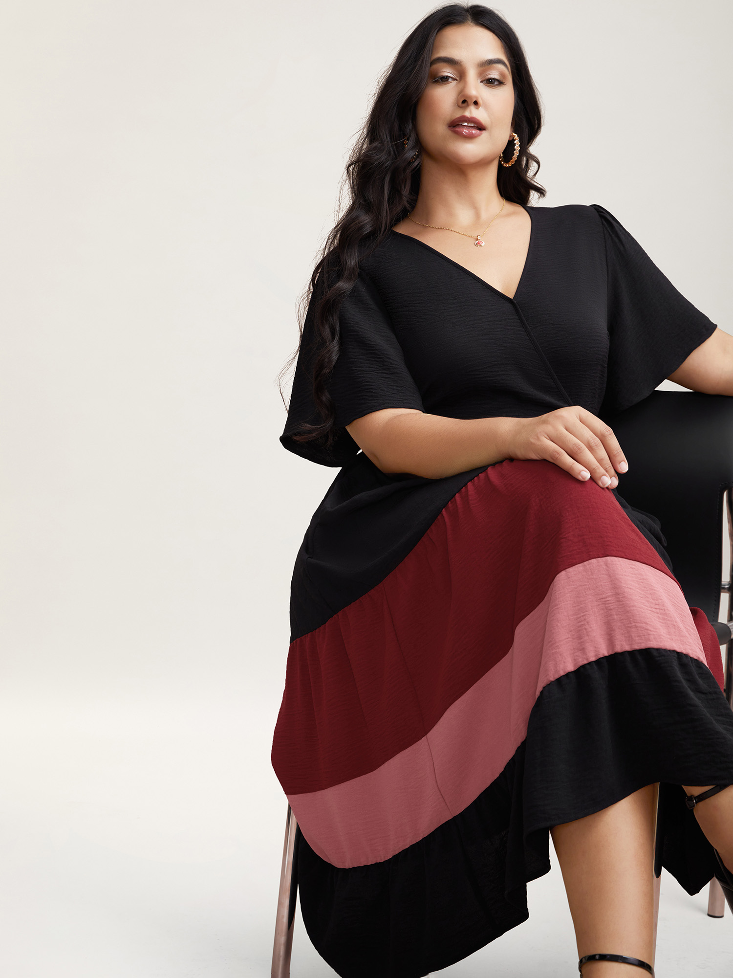 

Plus Size Color Contrast Flutter Sleeve Tiered Midi Dress Scarlet Women Elegant Gathered Overlap Collar Short sleeve Curvy BloomChic