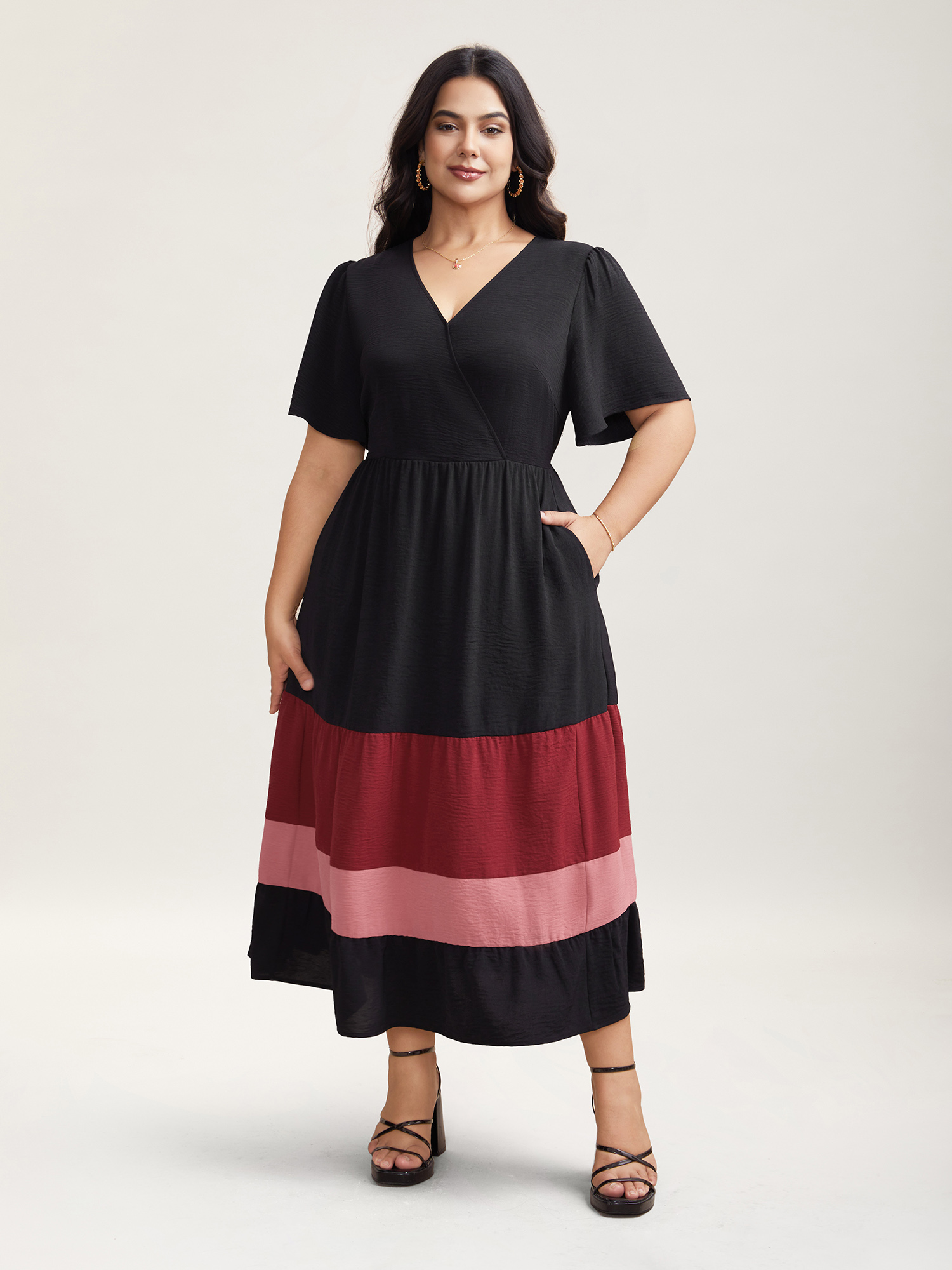 Plus Size Color Contrast Flutter Sleeve Tiered Midi Dress Scarlet Women Elegant Gathered Overlap Collar Short sleeve Curvy BloomChic 30/6X 