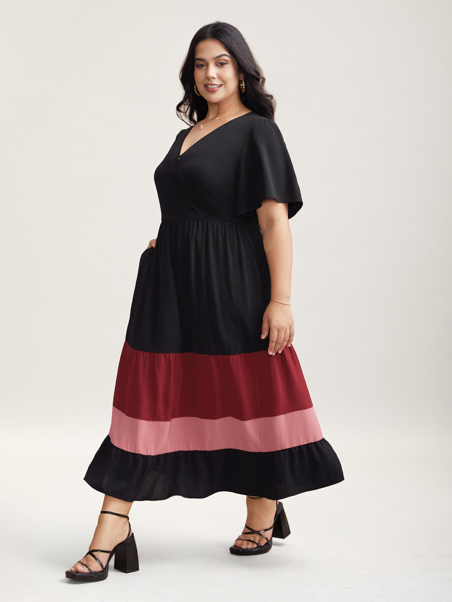 Plus Size Color Contrast Flutter Sleeve Tiered Midi Dress Scarlet Women Elegant Gathered Overlap Collar Short sleeve Curvy BloomChic 30/6X 