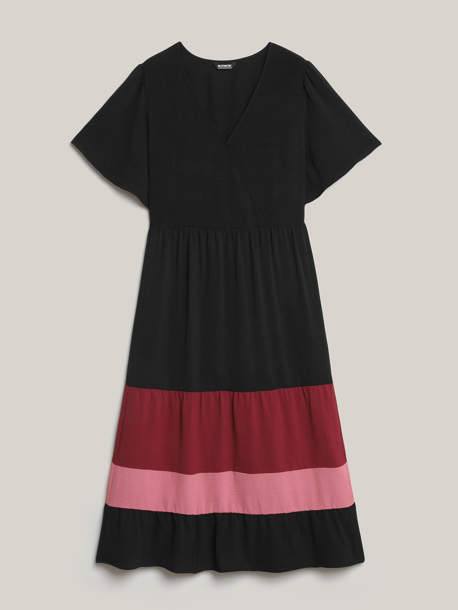 Plus Size Color Contrast Flutter Sleeve Tiered Midi Dress Scarlet Women Elegant Gathered Overlap Collar Short sleeve Curvy BloomChic 30/6X 