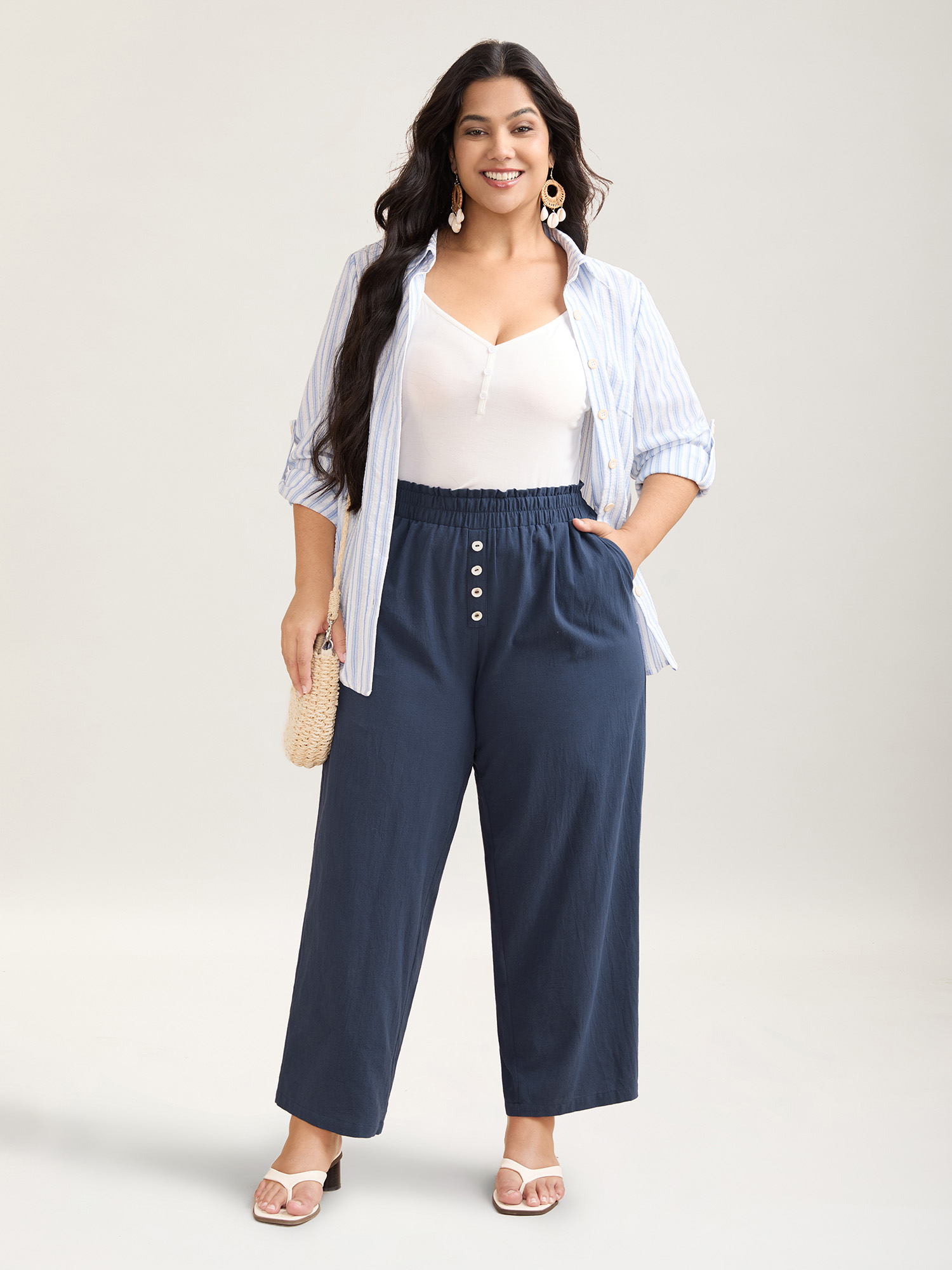 Plus Size Buckle Buttons Straight-Leg Pull On Pants Women Indigo Resort Straight Leg Mid Rise Vacation Pants BloomChic 26/4X 