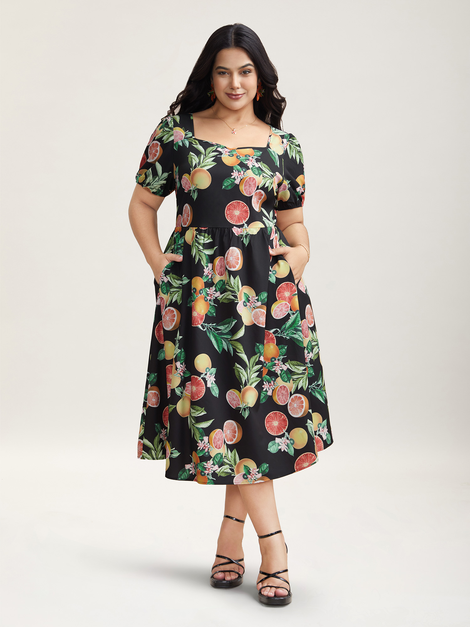 

Plus Size Fruits of Spring Puff Sleeve Midi Dress BlackFlower Women Elegant Non Heart neckline Short sleeve Curvy BloomChic