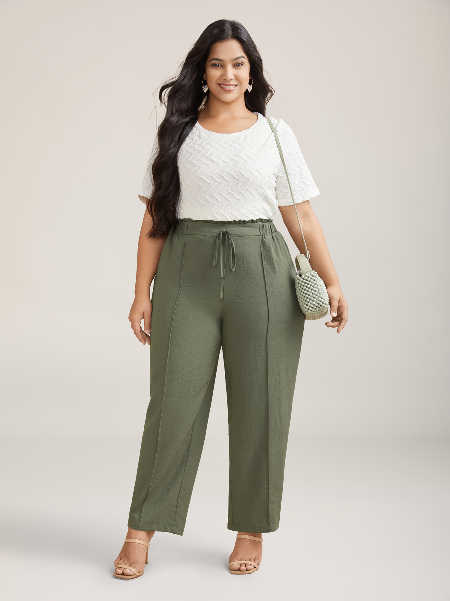 Plus Size Waist Drawstring Seamed Straight Pants Women Sage Casual Straight Leg Mid Rise Everyday Pants BloomChic 22-24/3X 