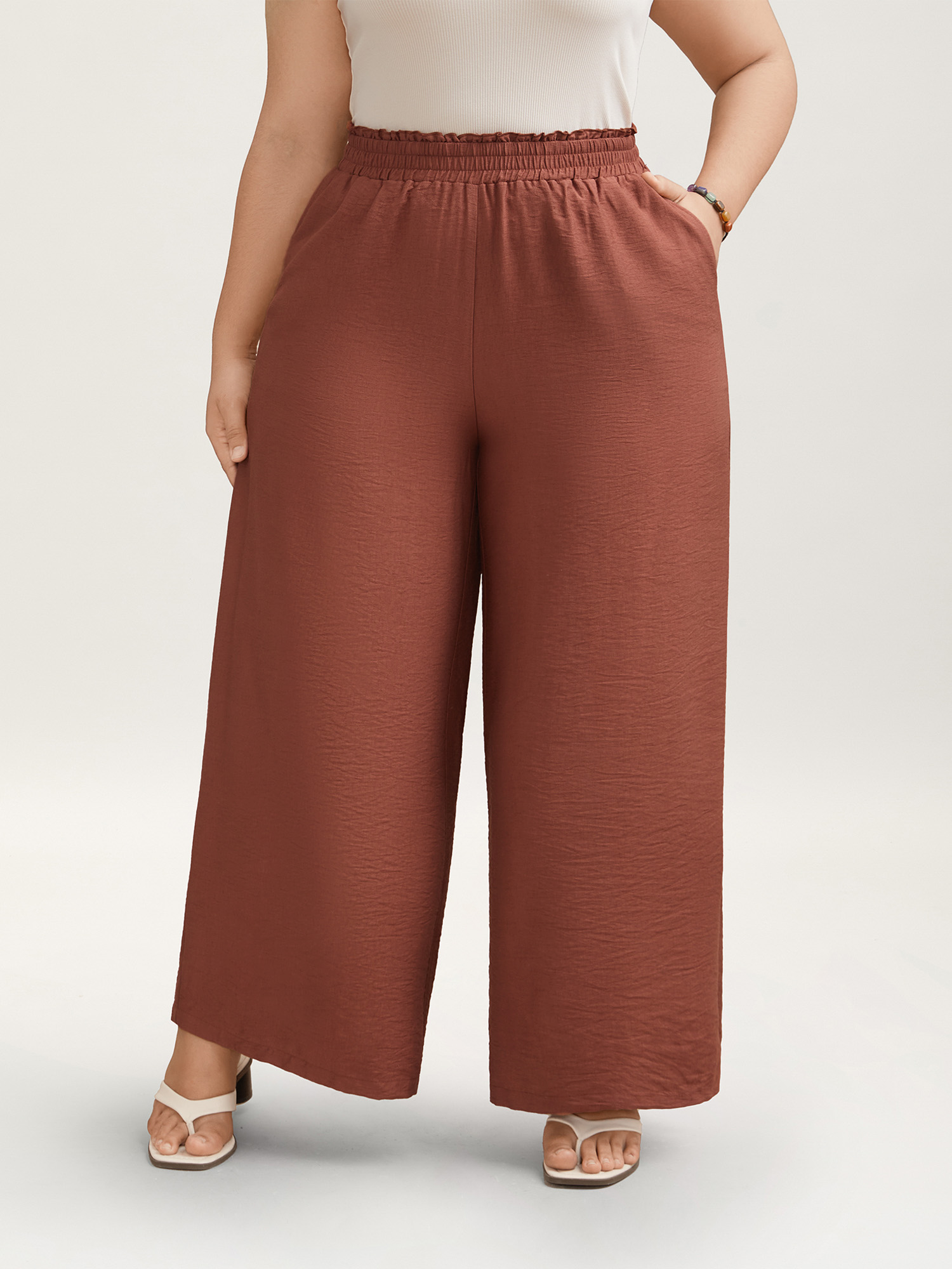 

Plus Size Smocked Stretchy Waist Ruffled Wide Leg Pants Women Maroon Resort Wide Leg Mid Rise Vacation Pants BloomChic