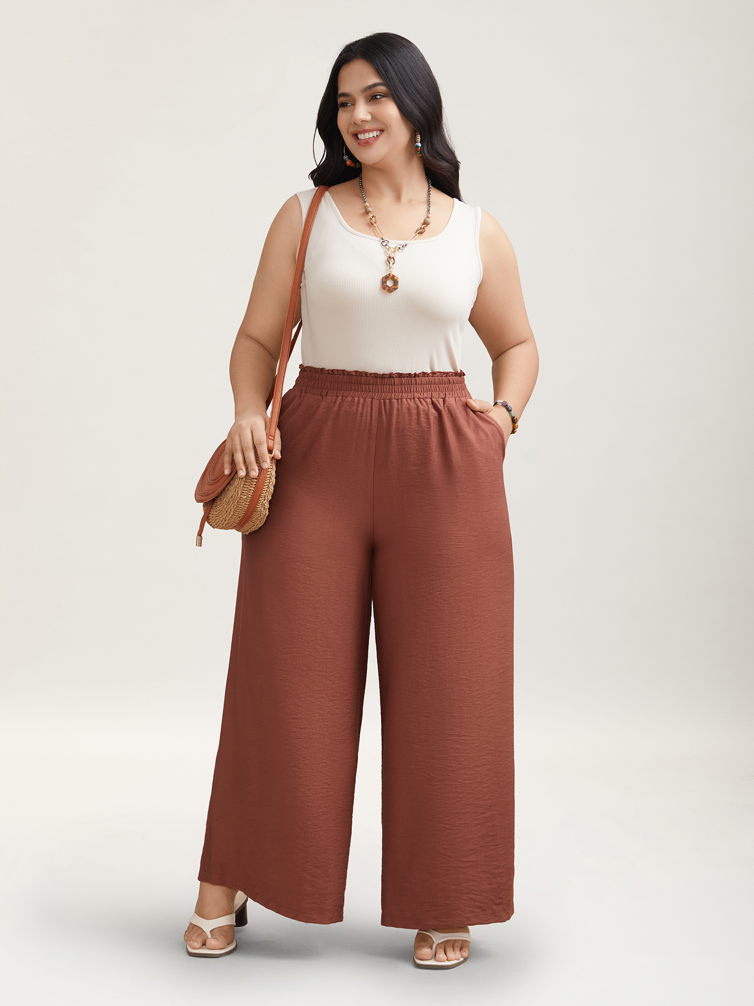 Plus Size Smocked Stretchy Waist Ruffled Wide Leg Pants Women Maroon Resort Wide Leg Mid Rise Vacation Pants BloomChic 14-16/1X 