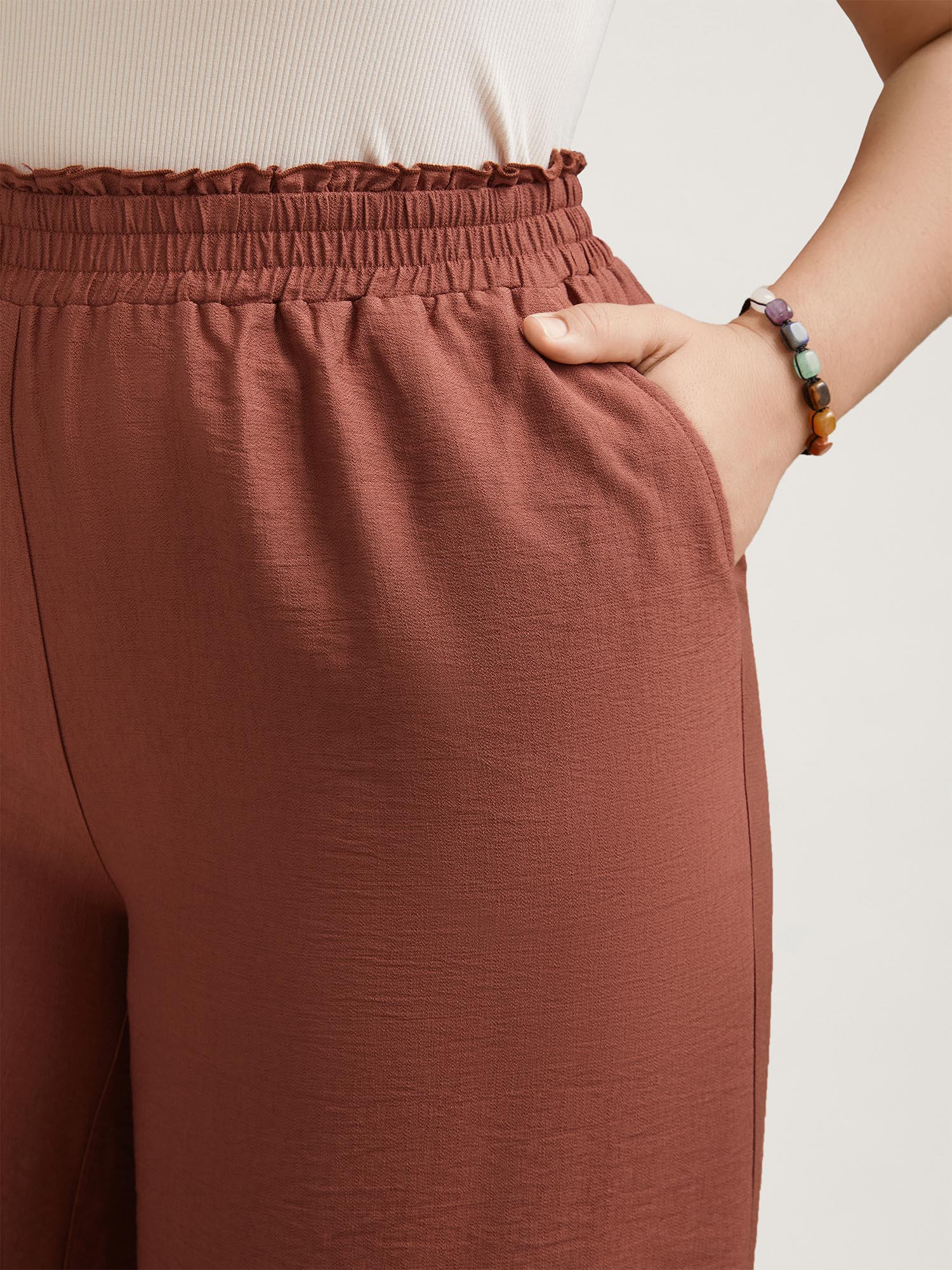 Plus Size Smocked Stretchy Waist Ruffled Wide Leg Pants Women Maroon Resort Wide Leg Mid Rise Vacation Pants BloomChic 14-16/1X 