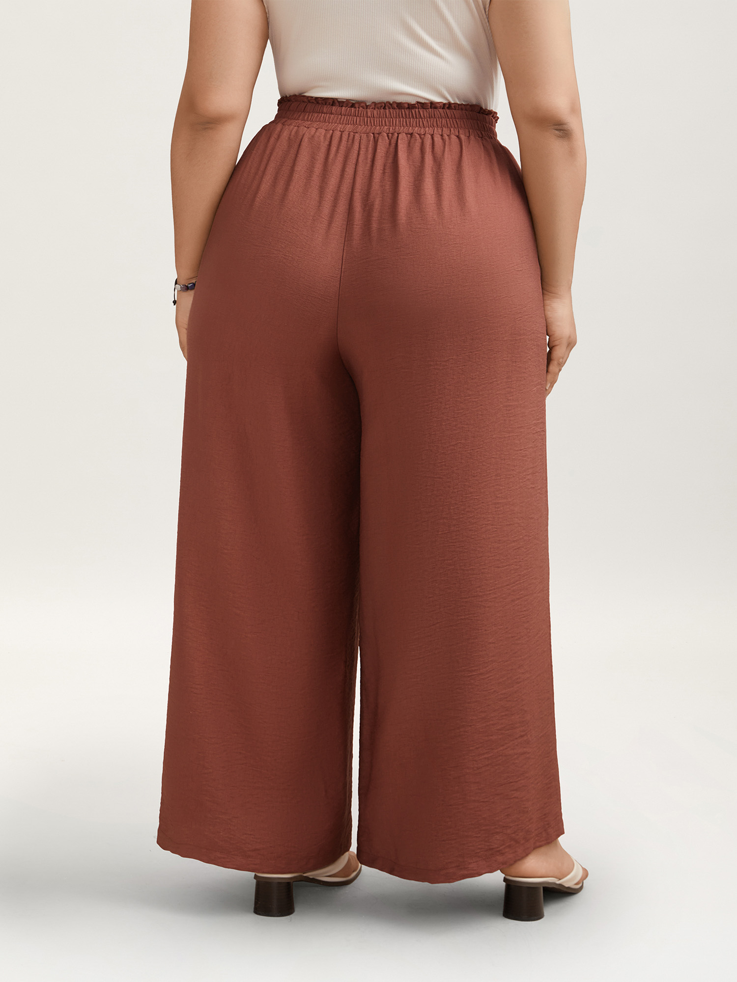 Plus Size Smocked Stretchy Waist Ruffled Wide Leg Pants Women Maroon Resort Wide Leg Mid Rise Vacation Pants BloomChic 14-16/1X 