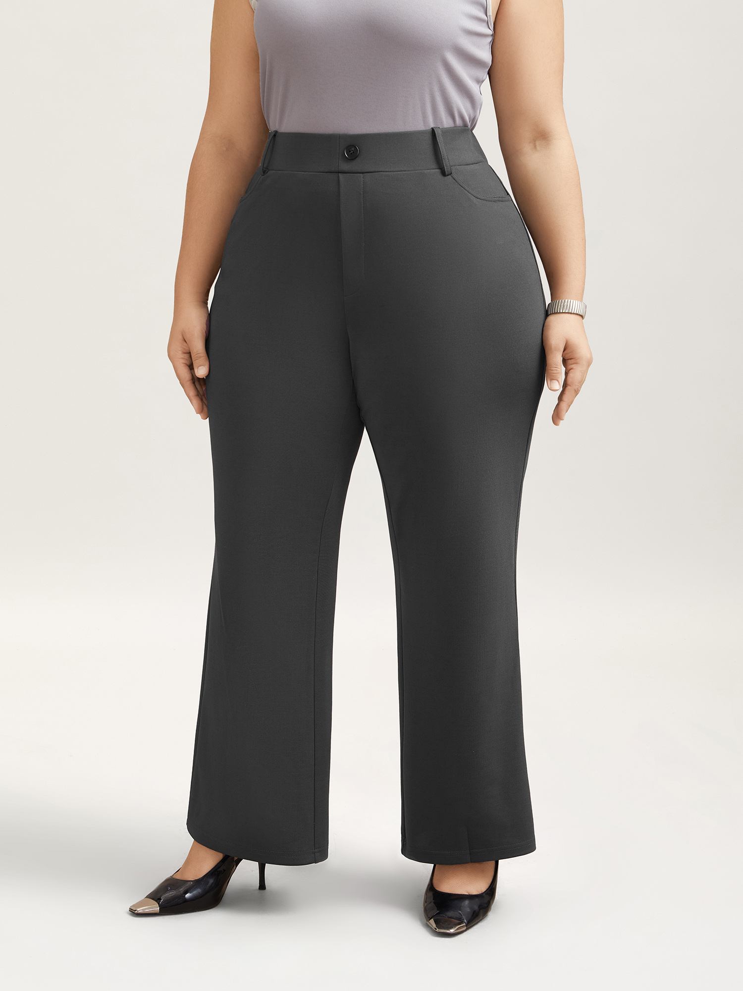 

Plus Size No-Waist Gap High Rise Flared Pants Women DimGray At the Office Bootcut Mid Rise Work Pants BloomChic