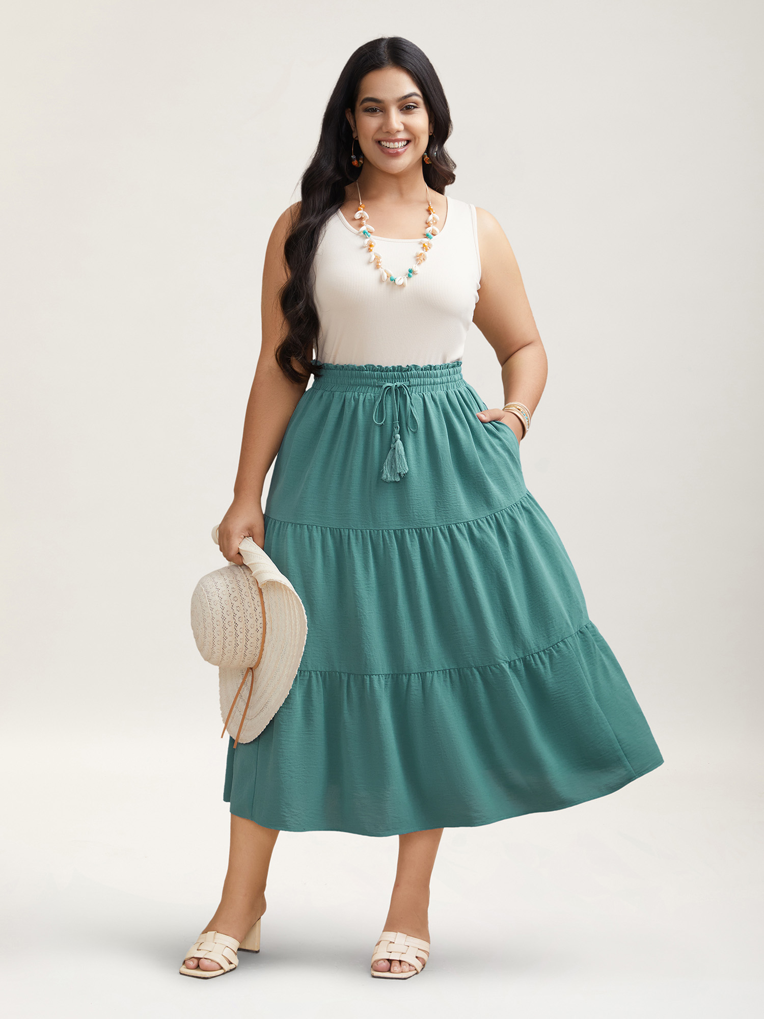 

Plus Size Smocked Waist Lace Tiered Midi Skirt Women Turquoise Resort Gathered No stretch Side seam pocket Vacation Skirts BloomChic