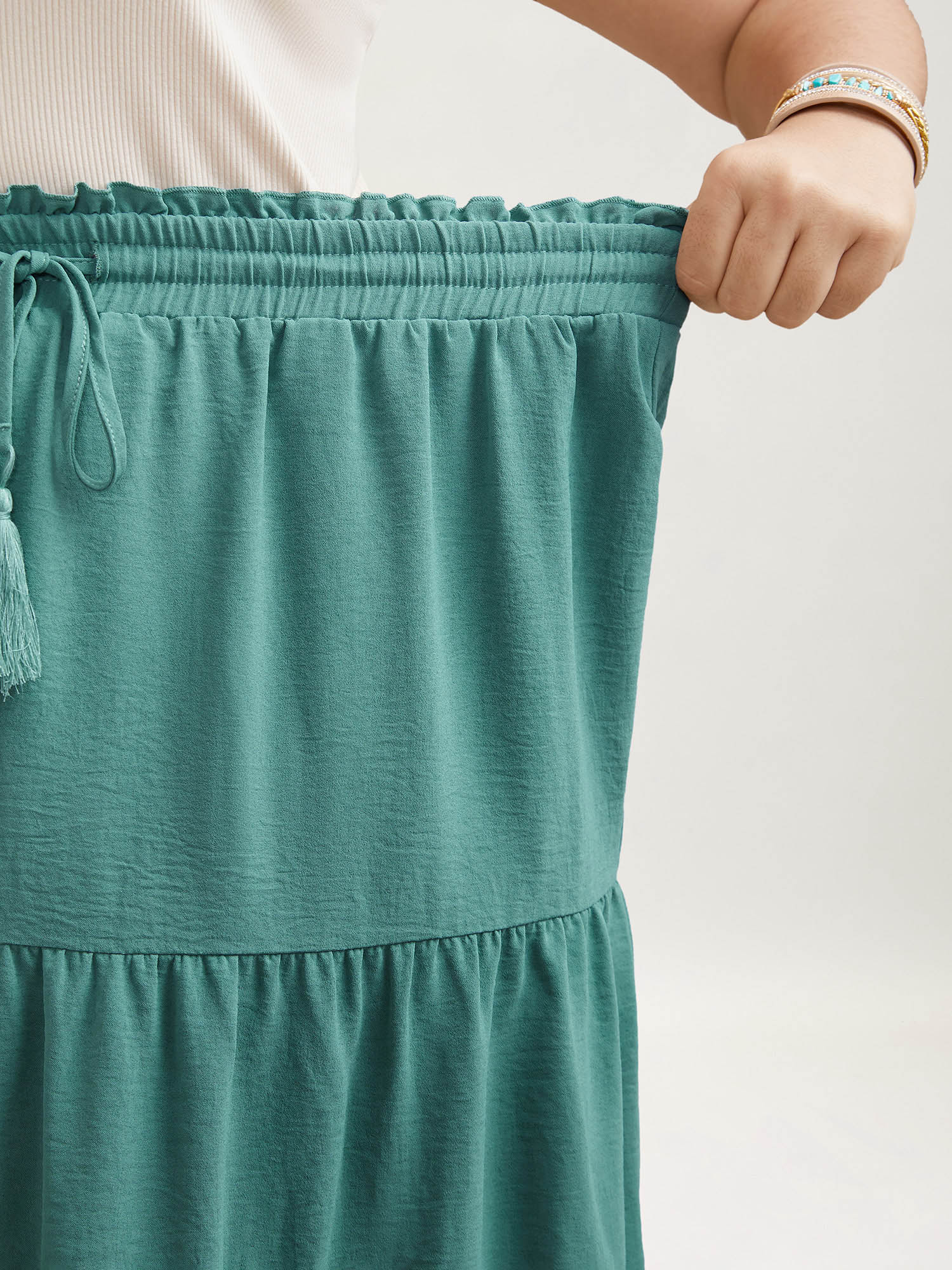 Plus Size Smocked Waist Lace Tiered Midi Skirt Women Turquoise Resort Gathered No stretch Side seam pocket Vacation Skirts BloomChic 22-24/3X 