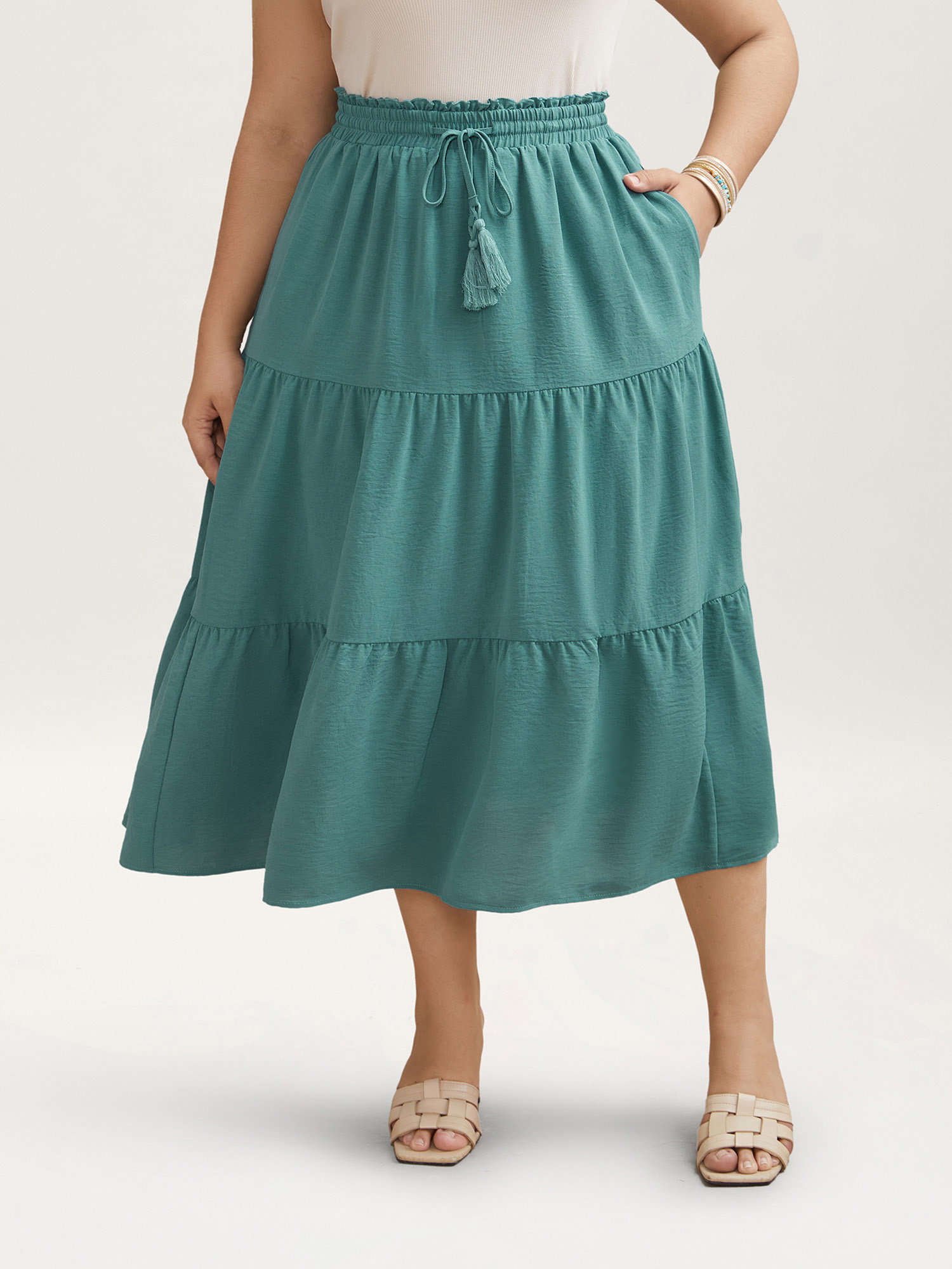 Plus Size Smocked Waist Lace Tiered Midi Skirt Women Turquoise Resort Gathered No stretch Side seam pocket Vacation Skirts BloomChic 22-24/3X 