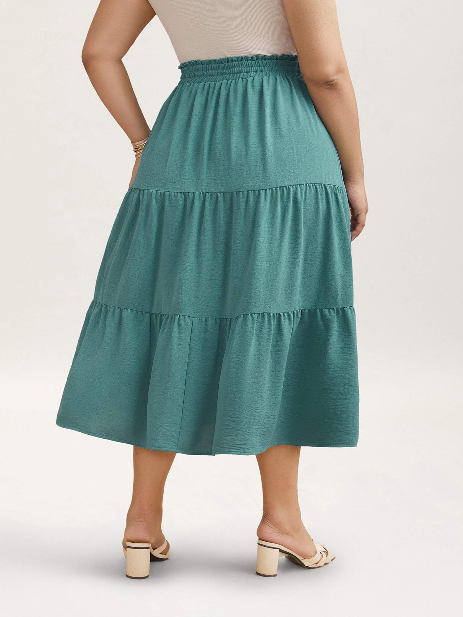 Plus Size Smocked Waist Lace Tiered Midi Skirt Women Turquoise Resort Gathered No stretch Side seam pocket Vacation Skirts BloomChic 22-24/3X 