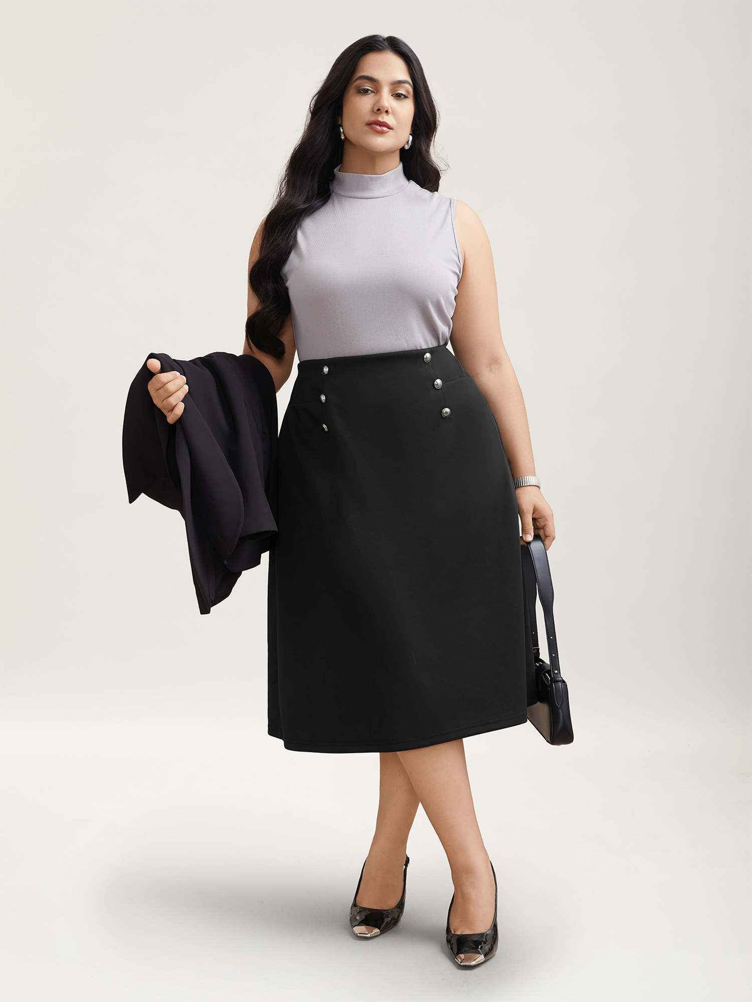 

Plus Size Buckle Side Buttons Flared Midi Skirt Women Black At the Office Button Medium stretch Slanted pocket Work Skirts BloomChic