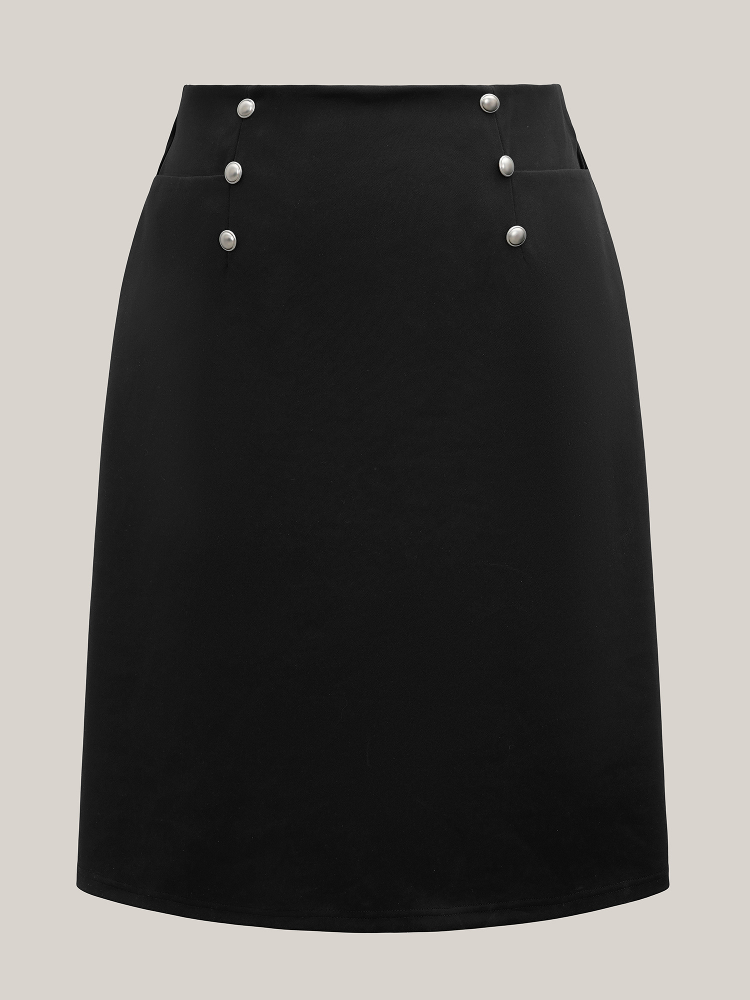 

Plus Size Buckle Side Buttons Flared Midi Skirt Women Black At the Office Button Medium stretch Slanted pocket Work Skirts BloomChic