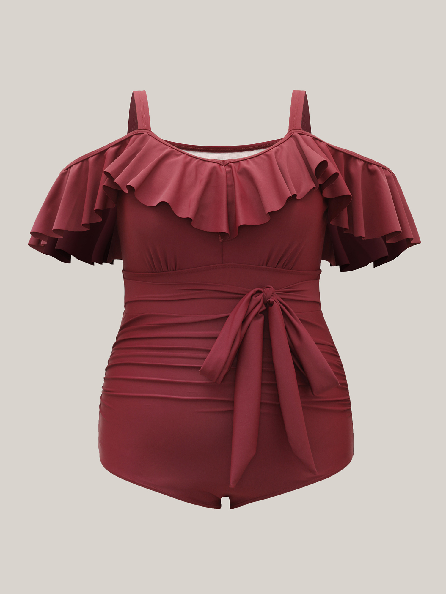 Plus Size Cold Shoulder Belted Ruffled One-Piece Swimsuit Women`s Swimwear Deepred Beach Tie knot Curve Bathing Suits High stretch One Pieces BloomChic 18-20/2X 