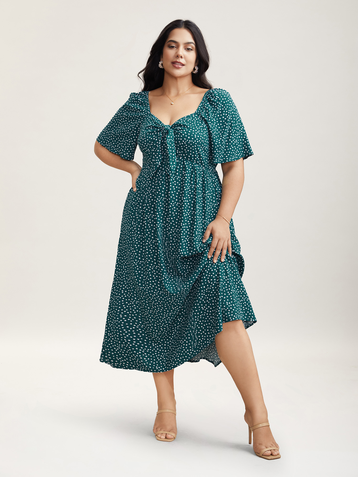 

Plus Size Rayon Polka Dot Neck-Tie Midi Dress Teal Women Elegant Tie knot Heart neckline Short sleeve Curvy BloomChic