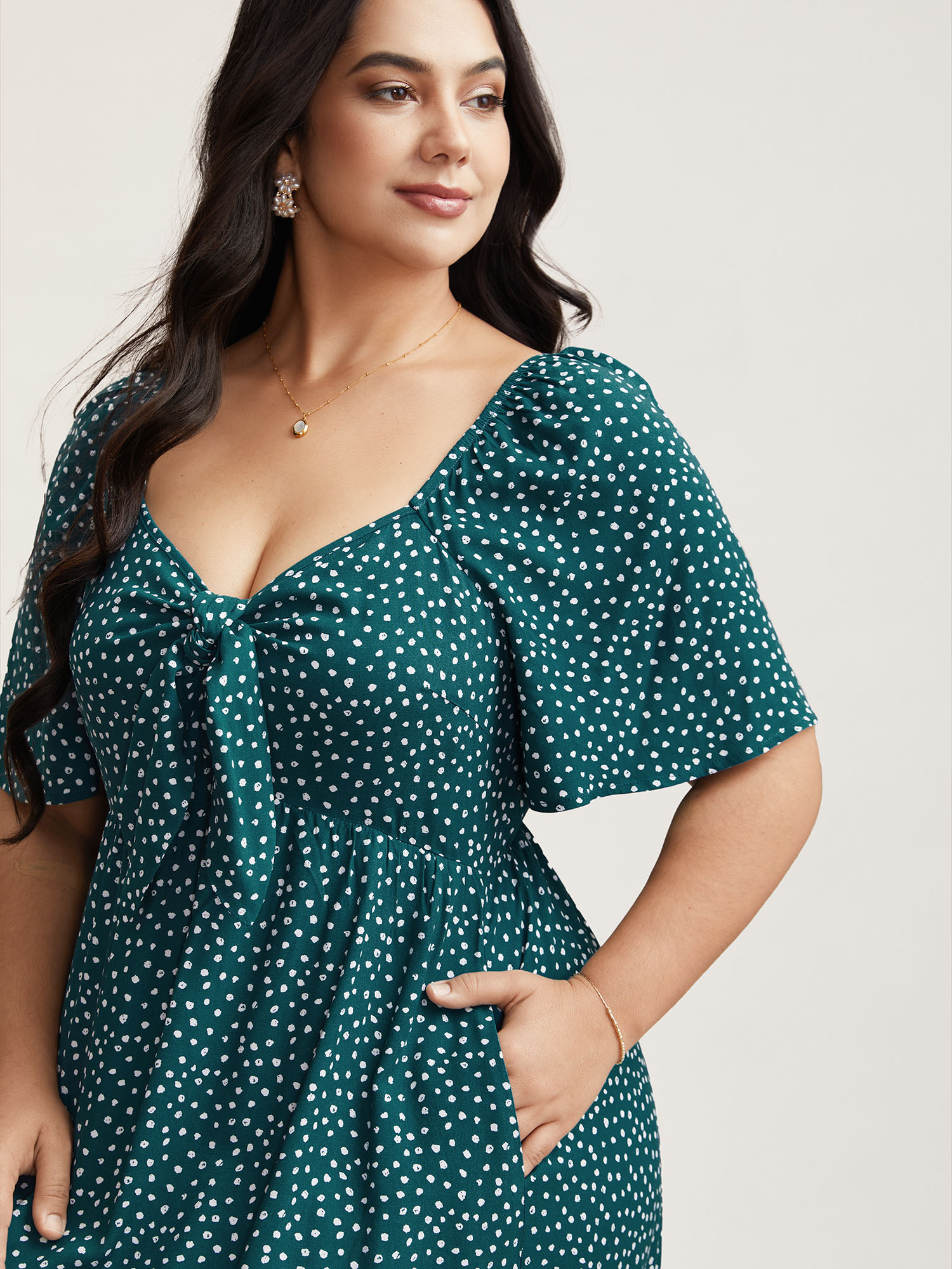 

Plus Size Rayon Polka Dot Neck-Tie Midi Dress Teal Women Elegant Tie knot Heart neckline Short sleeve Curvy BloomChic