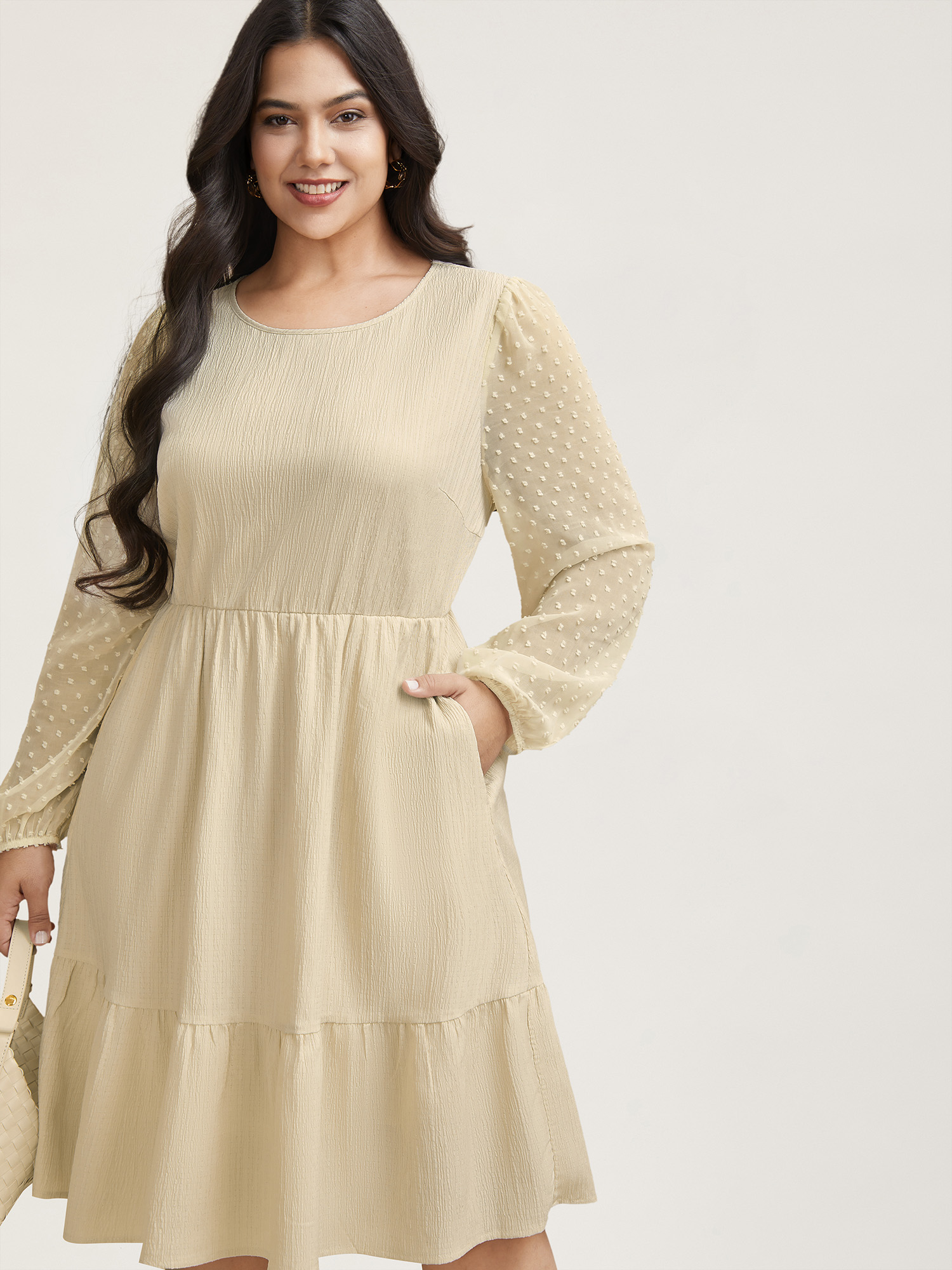 

Plus Size Textured Stretchy-Waist Tiered Midi Dress Beige Women Elegant Texture Round Neck Long Sleeve Curvy BloomChic