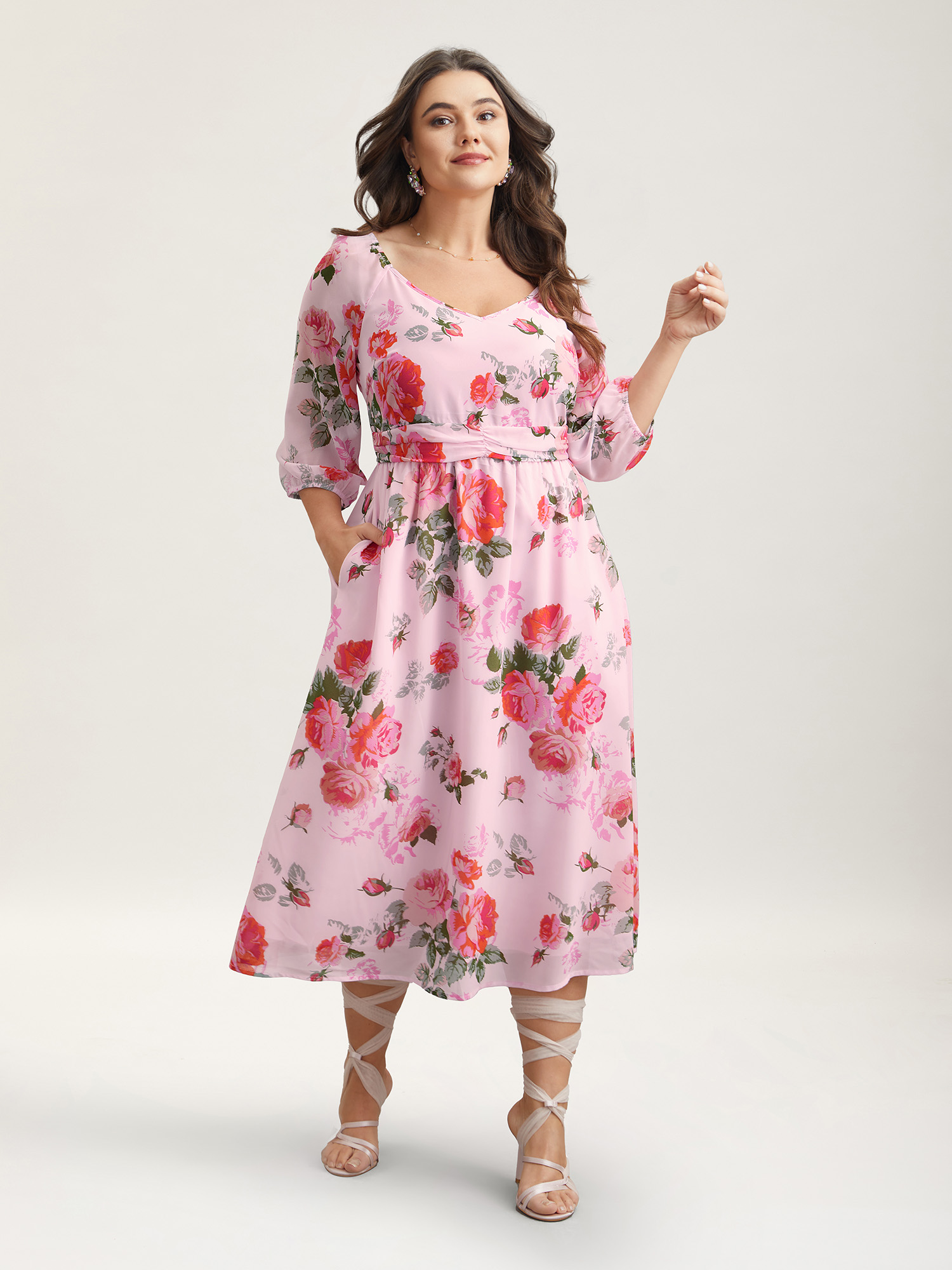 

Plus Size Rosy Print Pockets Pleated Midi Dress MistyRose Women Elegant Gathered V-neck Elbow-length sleeve Curvy BloomChic