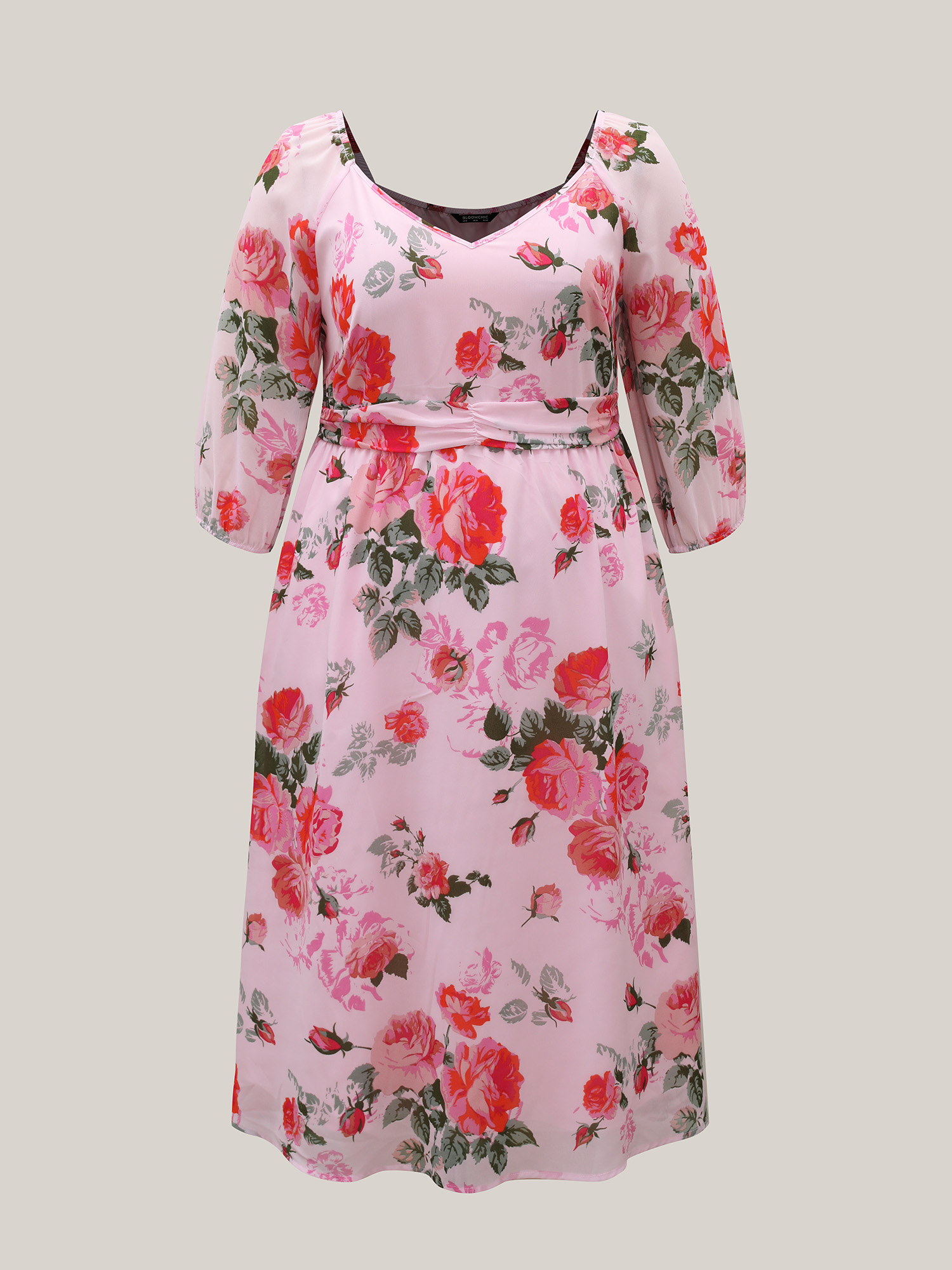 Plus Size Rosy Print Pockets Pleated Midi Dress MistyRose Women Elegant Gathered V-neck Elbow-length sleeve Curvy BloomChic 12/L 