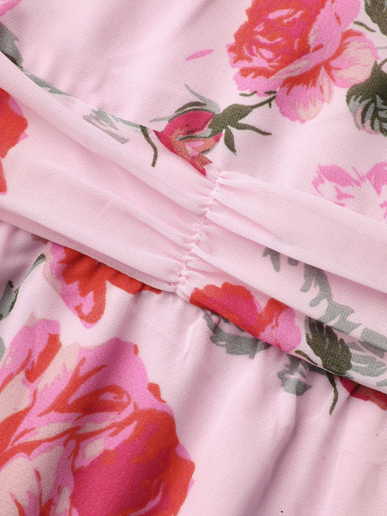 Plus Size Rosy Print Pockets Pleated Midi Dress MistyRose Women Elegant Gathered V-neck Elbow-length sleeve Curvy BloomChic 12/L 