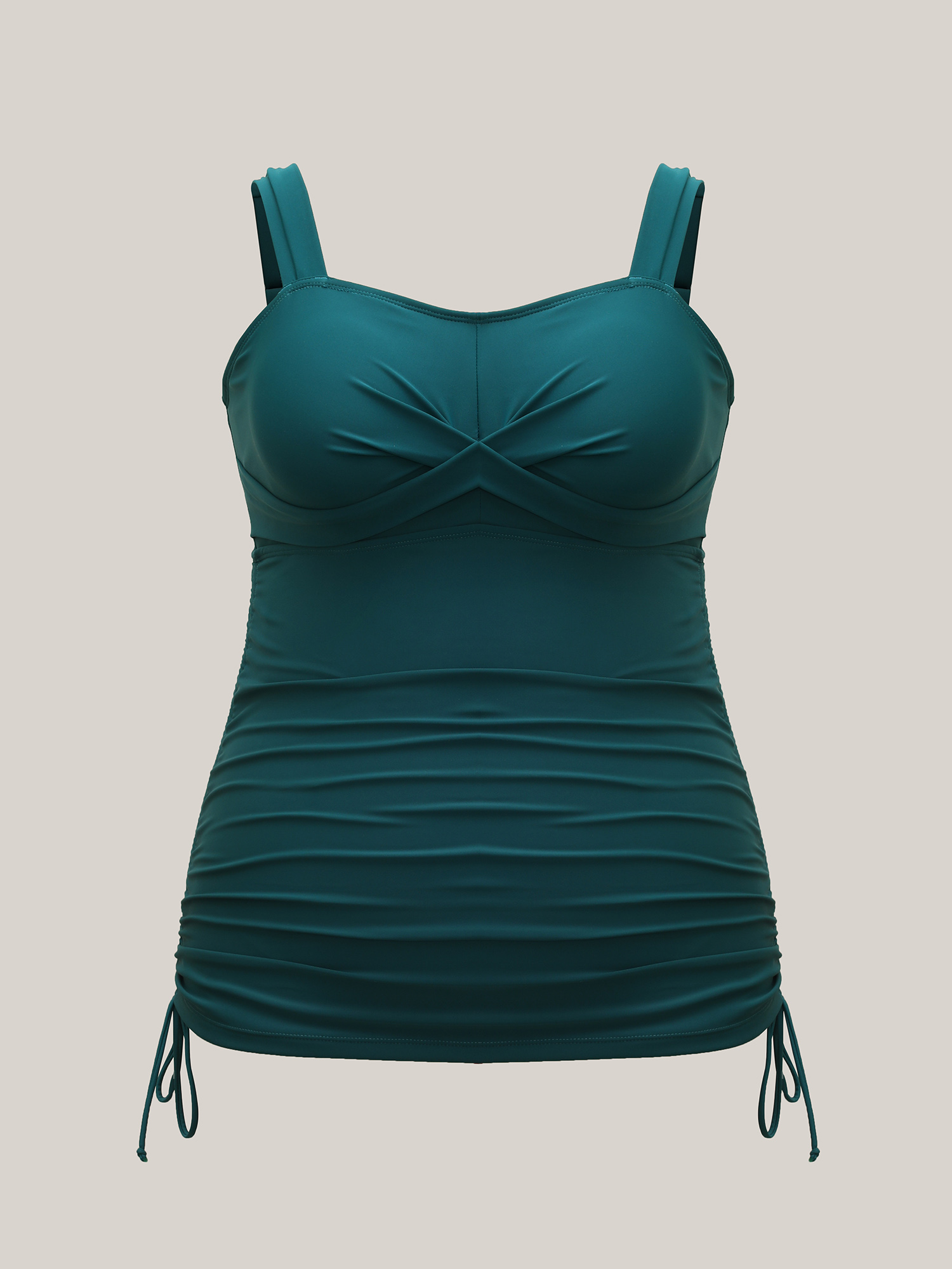 Plus Size Twist Front Ruched Drawstring Swim Top Women`s Swimwear Cyan Beach Twist High stretch Skinny Heart neckline Curve Swim Tops BloomChic 30/6X 