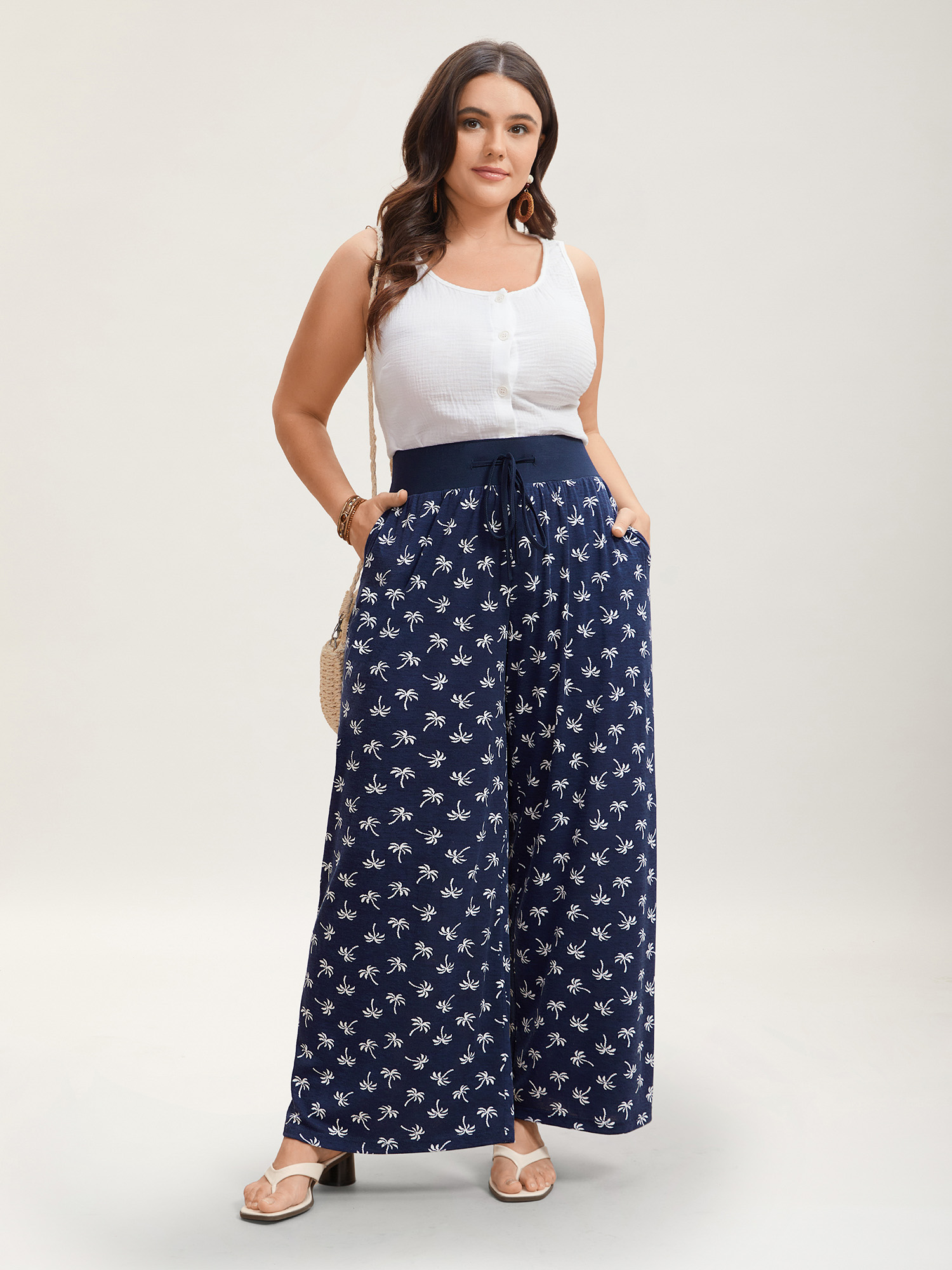 Plus Size Color Block Printed Drawstring Straight Pants Women Indigo Resort Wide Leg Mid Rise Vacation Pants BloomChic 14-16/1X 