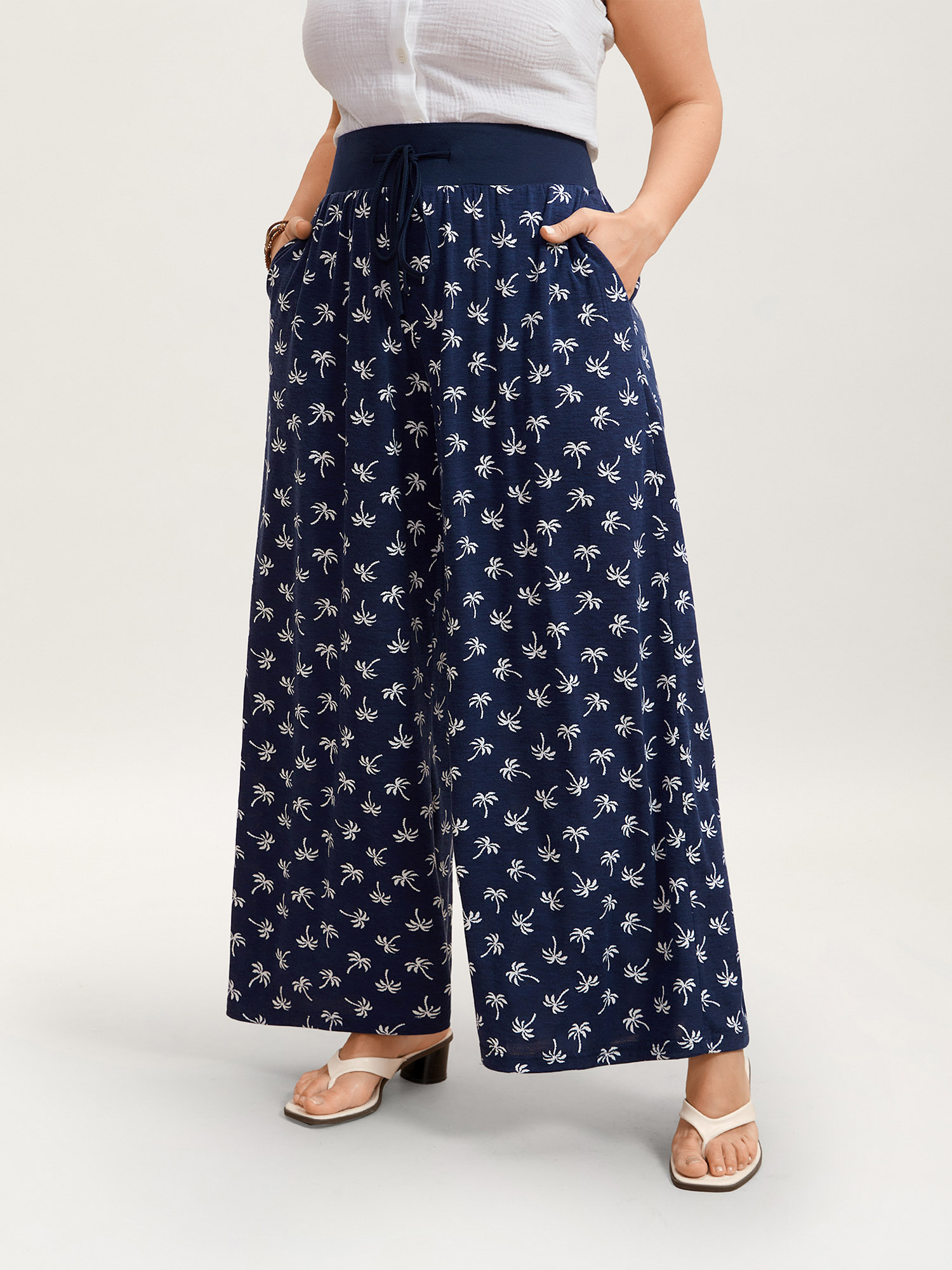 Plus Size Color Block Printed Drawstring Straight Pants Women Indigo Resort Wide Leg Mid Rise Vacation Pants BloomChic 14-16/1X 