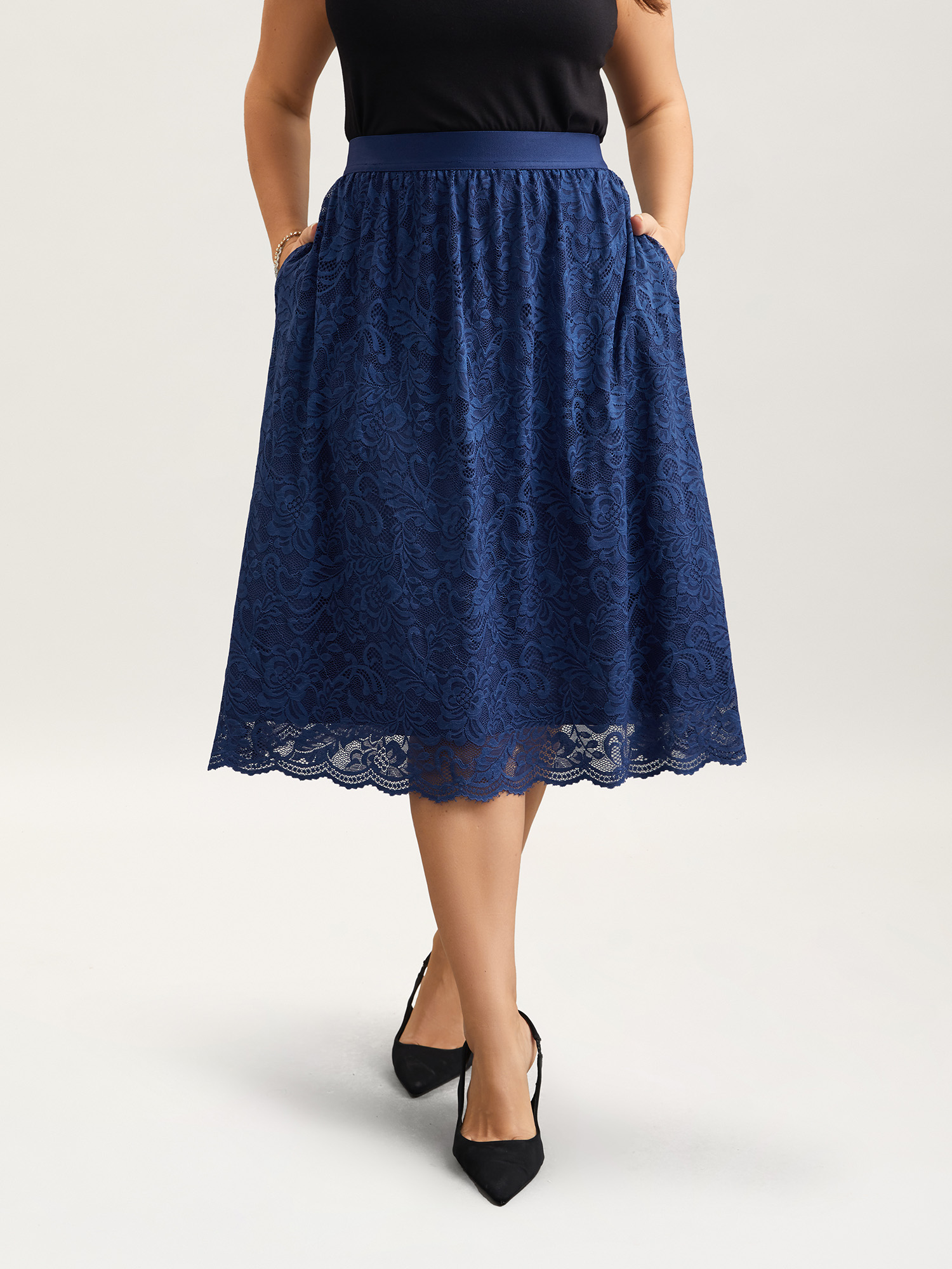 

Plus Size Stretchy-Waist Pleated Lace Midi Skirt Women Indigo Elegant Tiered Low stretch Side seam pocket Everyday Skirts BloomChic