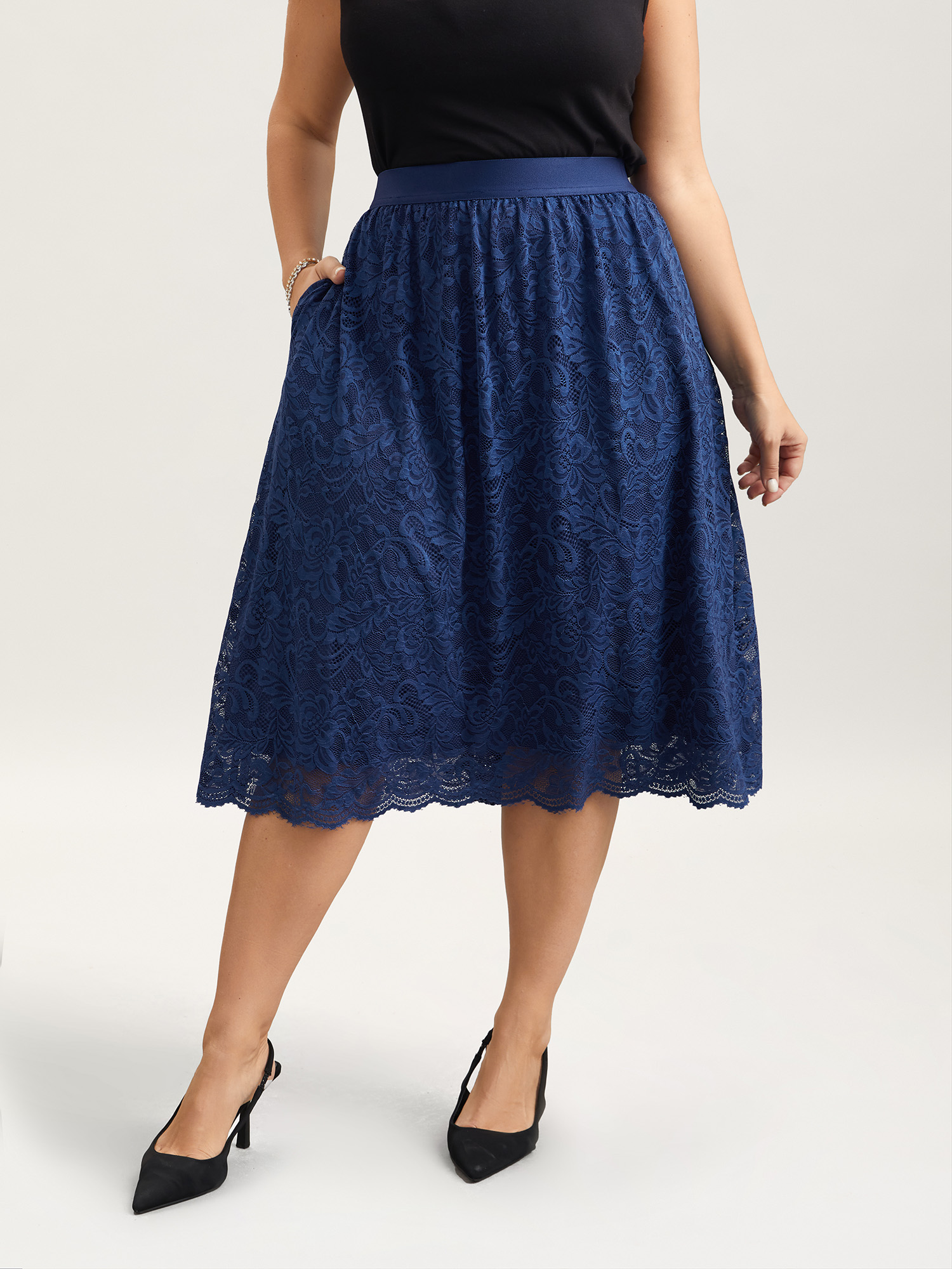 Plus Size Stretchy-Waist Pleated Lace Midi Skirt Women Indigo Elegant Tiered Low stretch Side seam pocket Everyday Skirts BloomChic 14-16/1X 