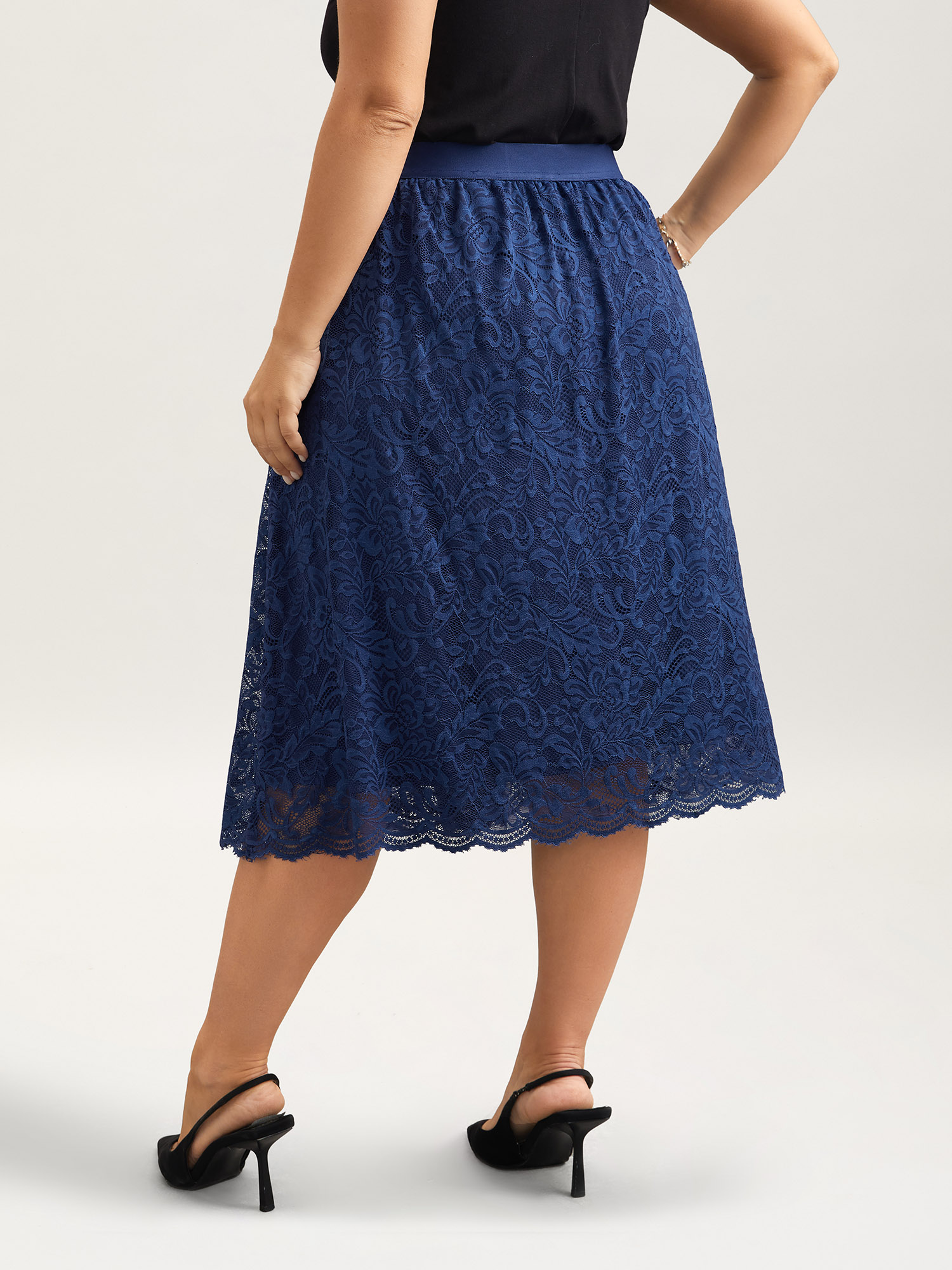 Plus Size Stretchy-Waist Pleated Lace Midi Skirt Women Indigo Elegant Tiered Low stretch Side seam pocket Everyday Skirts BloomChic 14-16/1X 