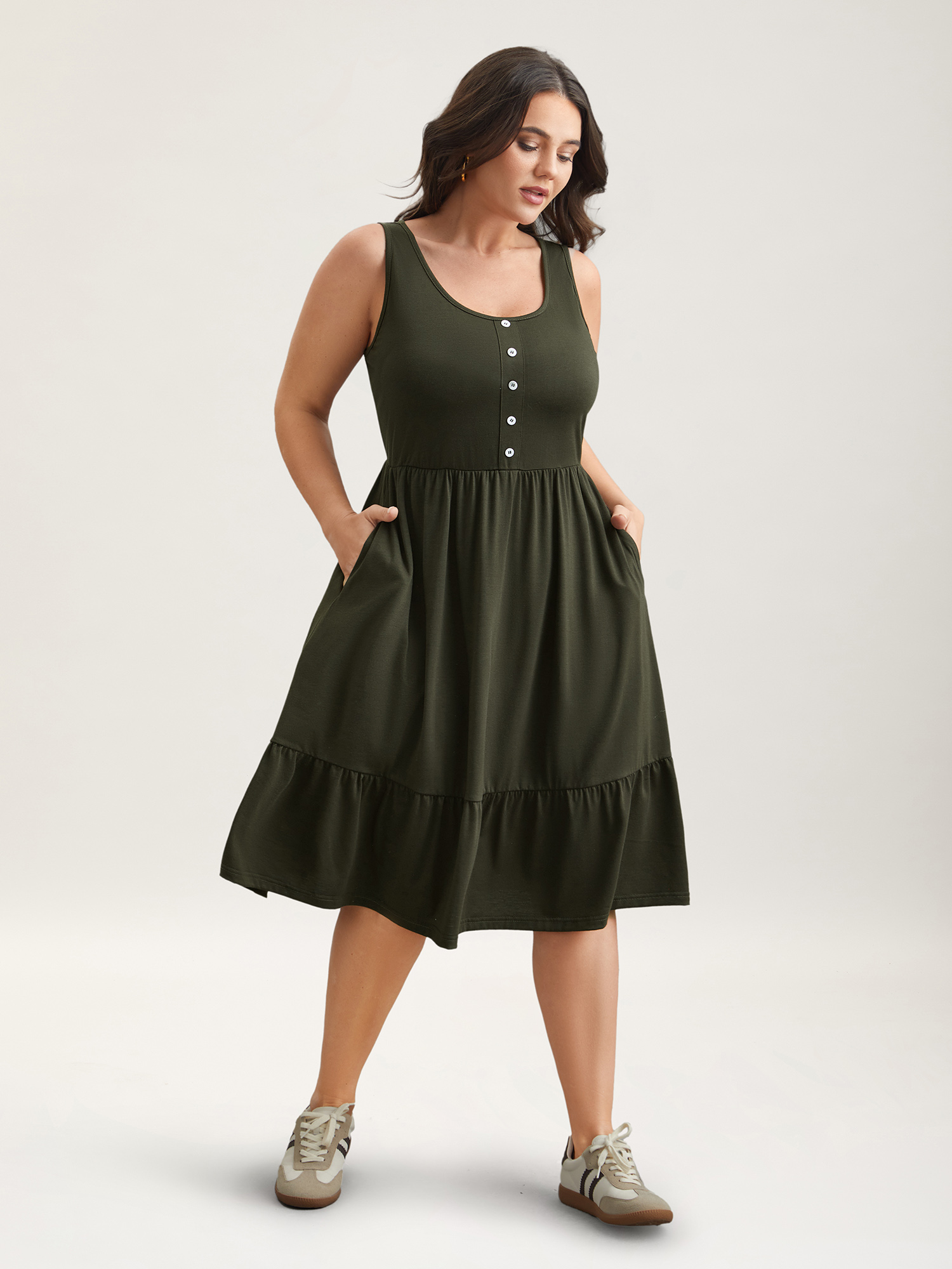 

Plus Size Supersoft Stretchy Waist Pockets Midi Dress ArmyGreen Women Casual Button Knit Dresses Bloomchic