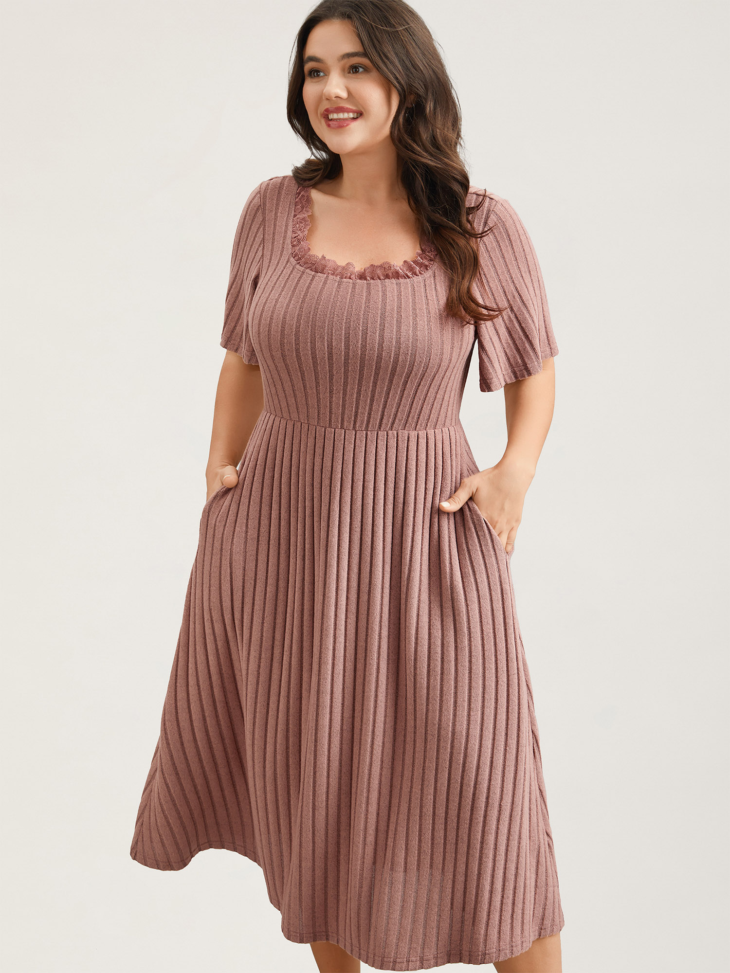 

Plus Size Ribbed Ruffled Lace Edges Midi Dress Dirtypink Women Casual Woven ribbon&lace trim Knit Dresses Bloomchic