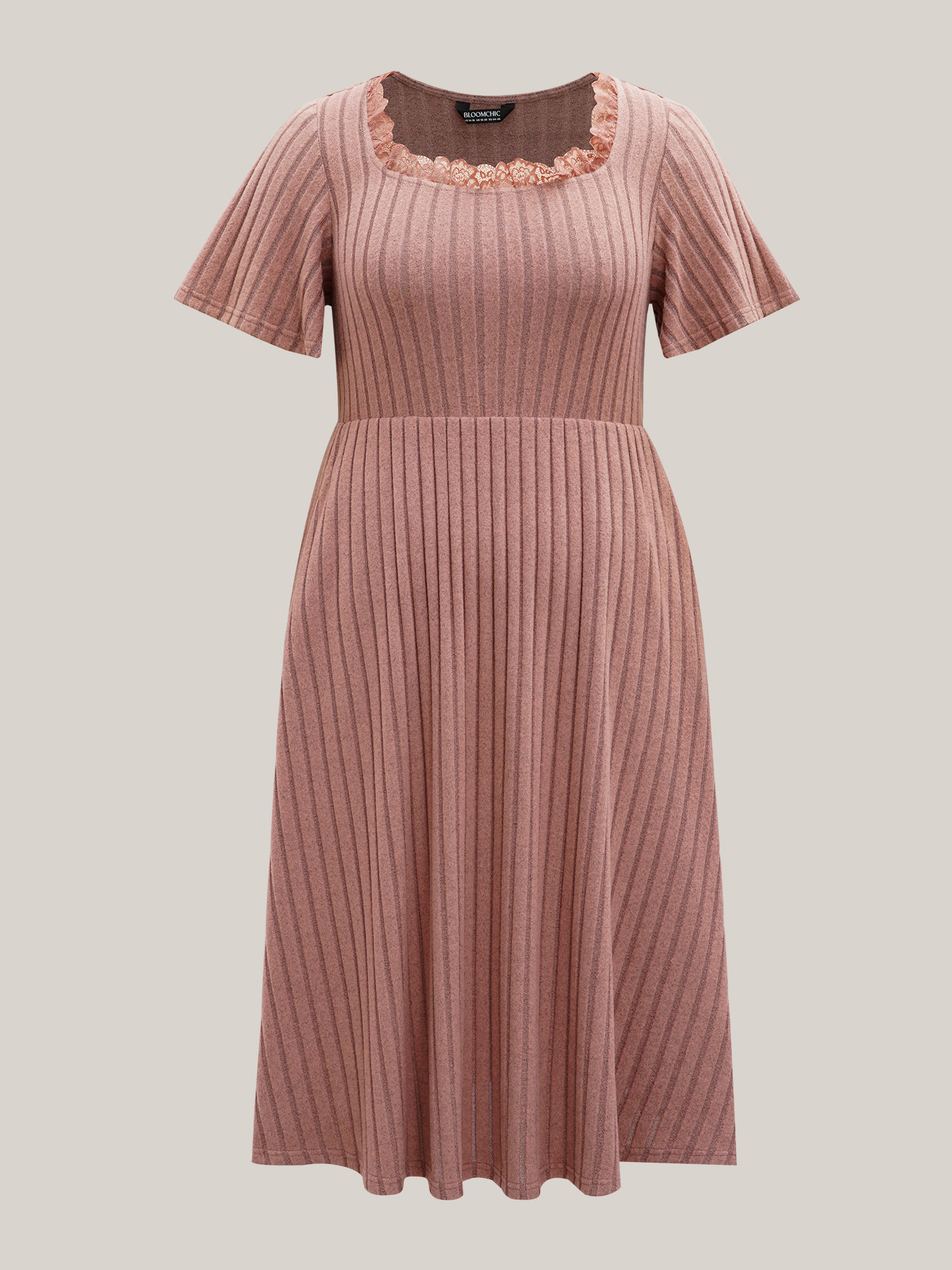 

Plus Size Ribbed Ruffled Lace Edges Midi Dress Dirtypink Women Casual Woven ribbon&lace trim Knit Dresses Bloomchic