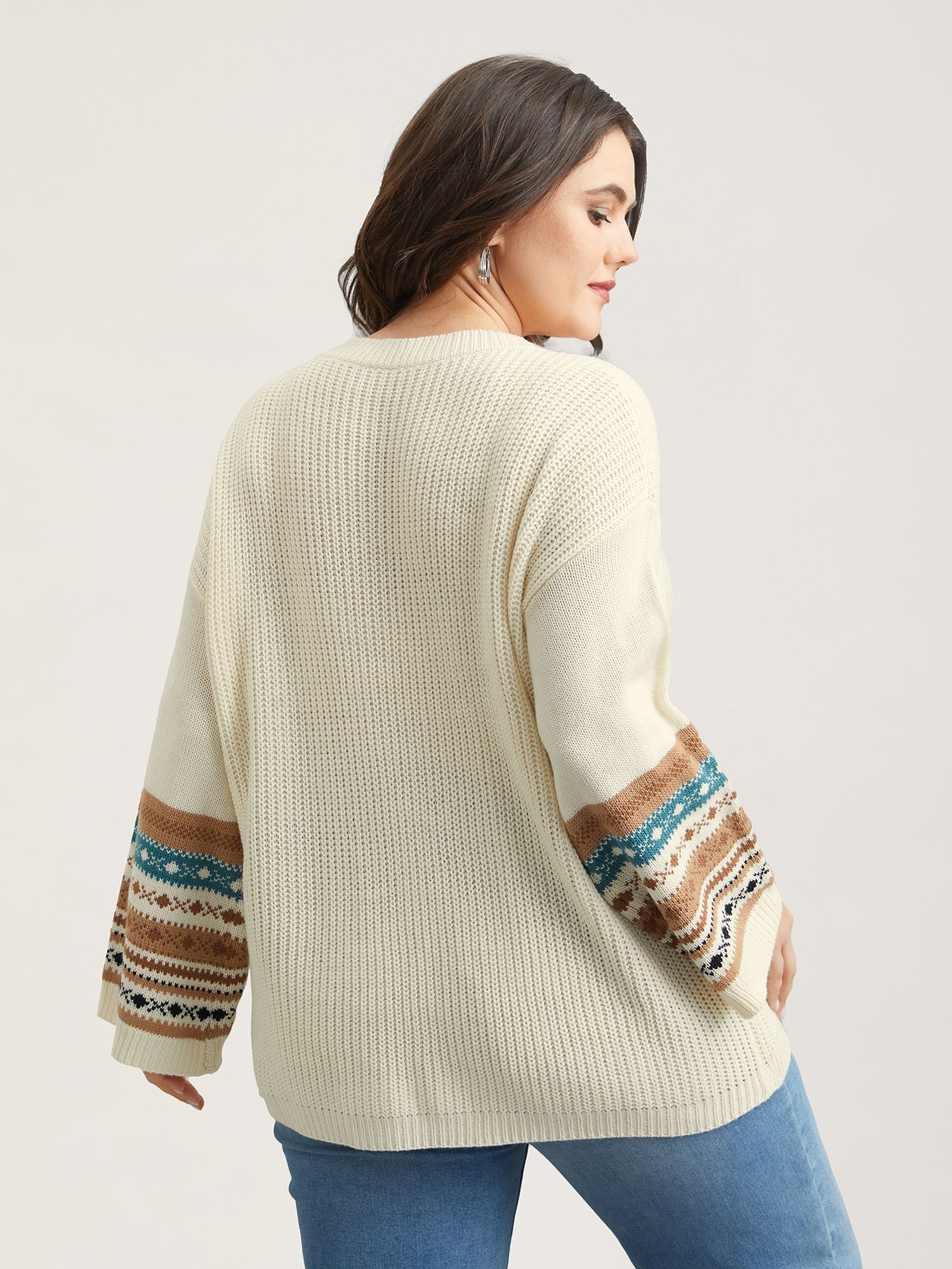 

Plus Size Round Neck Color-Block Textured Pullover Ivory Women Casual Loose Long Sleeve Everyday Cardigans BloomChic