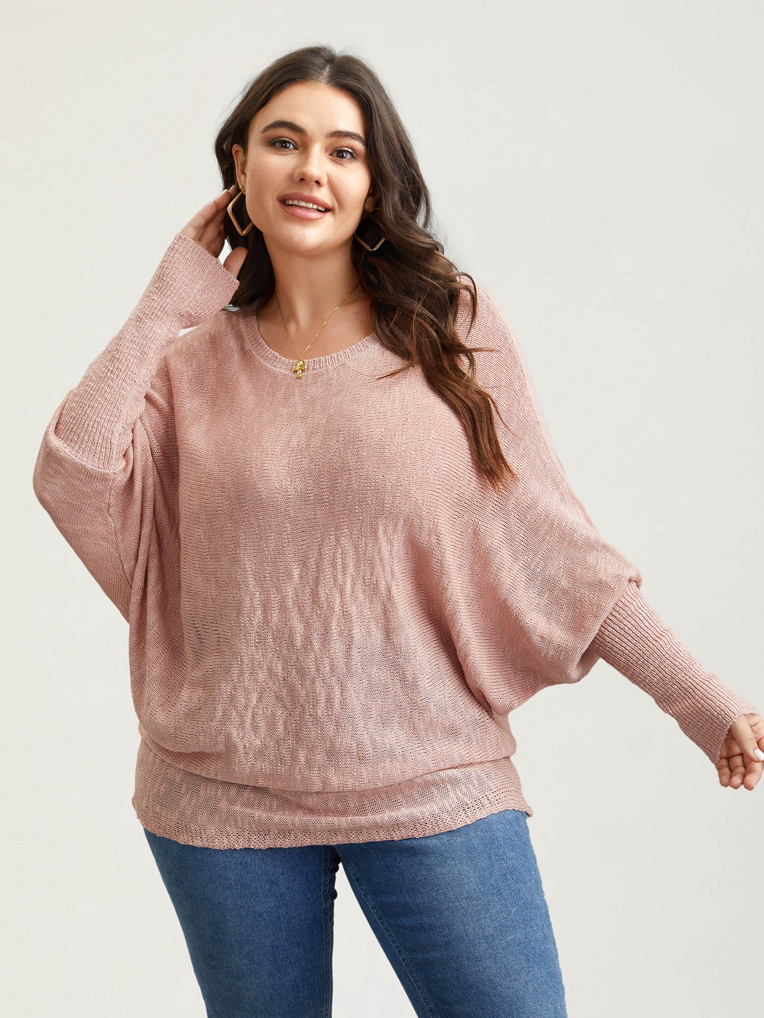 

Plus Size Heather Textured Dolman Sleeve Ribbed Pullover Salmon Women Casual Loose Long Sleeve Round Neck Everyday Pullovers BloomChic