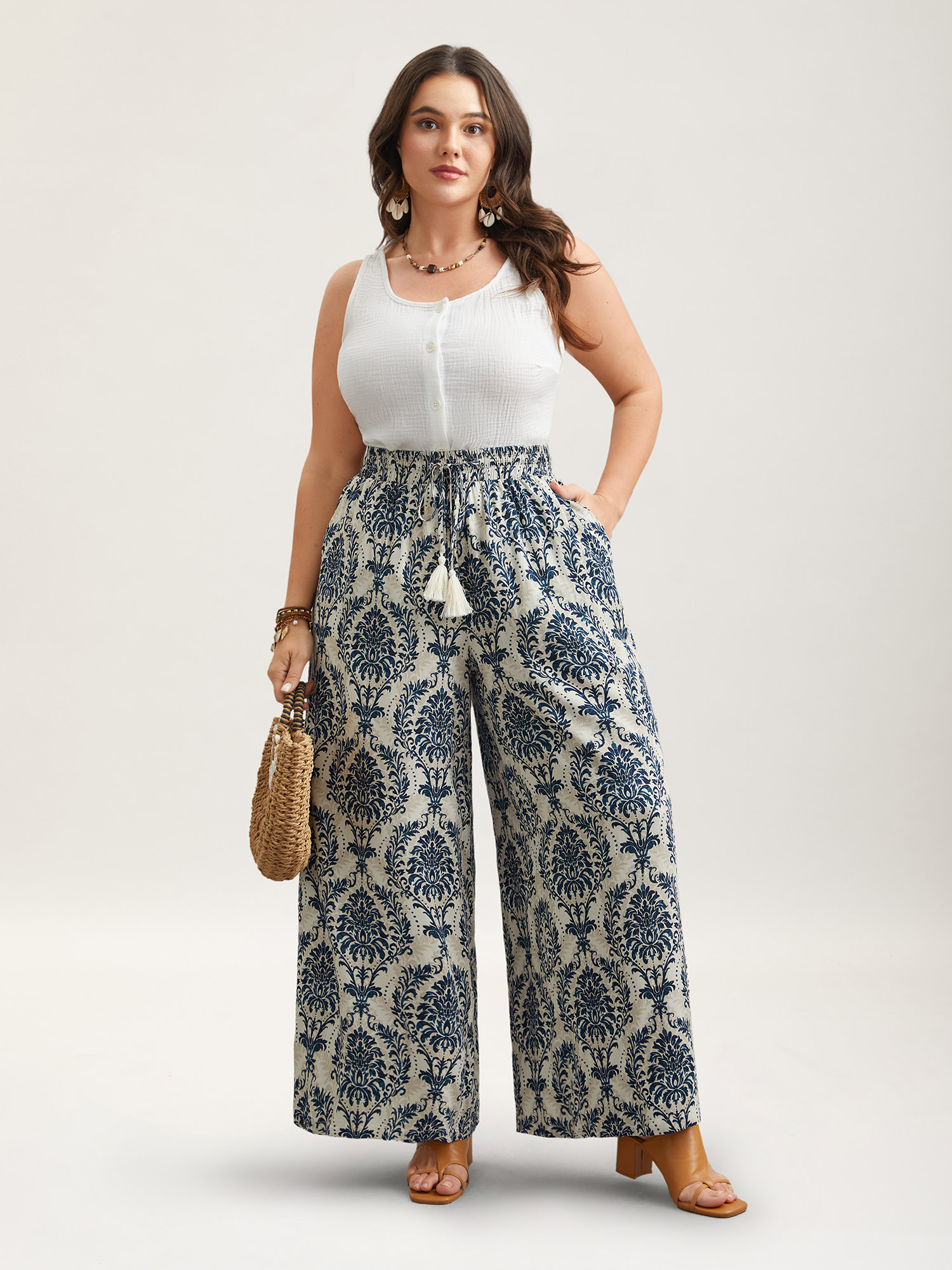 Plus Size Ornate Print Tassel Straight-Leg Pants Women DarkBlue Resort Wide Leg Mid Rise Vacation Pants BloomChic 26/4X 