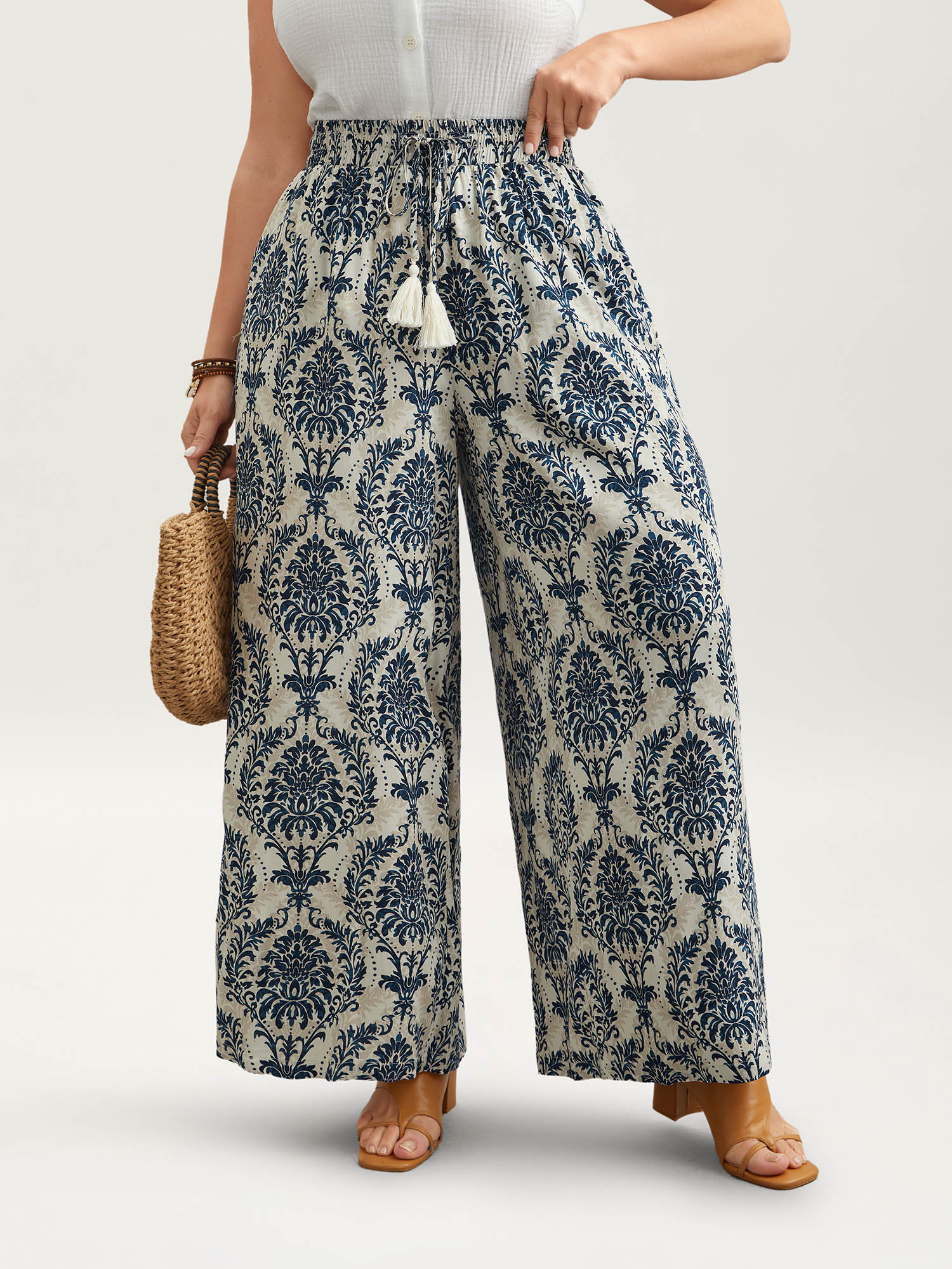 Plus Size Ornate Print Tassel Straight-Leg Pants Women DarkBlue Resort Wide Leg Mid Rise Vacation Pants BloomChic 26/4X 