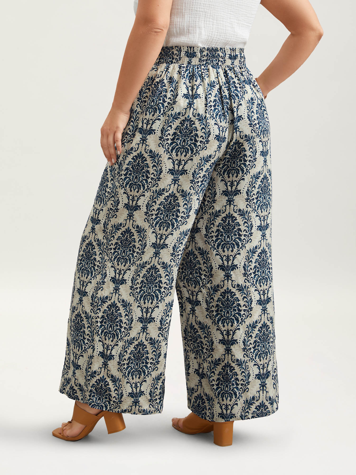 Plus Size Ornate Print Tassel Straight-Leg Pants Women DarkBlue Resort Wide Leg Mid Rise Vacation Pants BloomChic 26/4X 