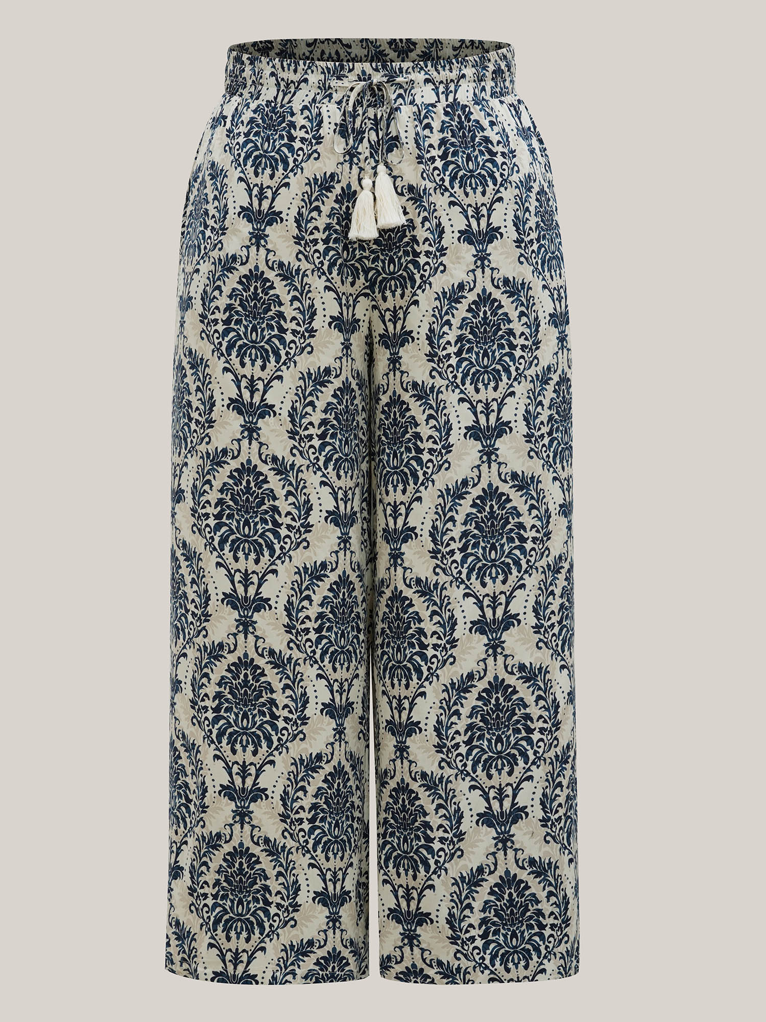 Plus Size Ornate Print Tassel Straight-Leg Pants Women DarkBlue Resort Wide Leg Mid Rise Vacation Pants BloomChic 26/4X 