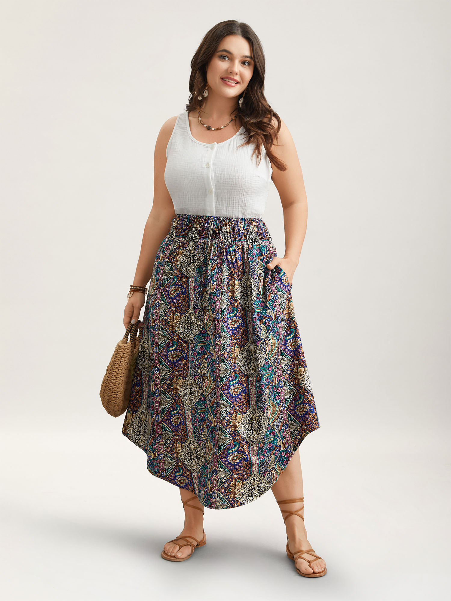 

Plus Size Boho Print Shirred Waist Midi Skirt Women Multicolor Elegant Tie knot Loose No stretch Side seam pocket Everyday Skirts BloomChic