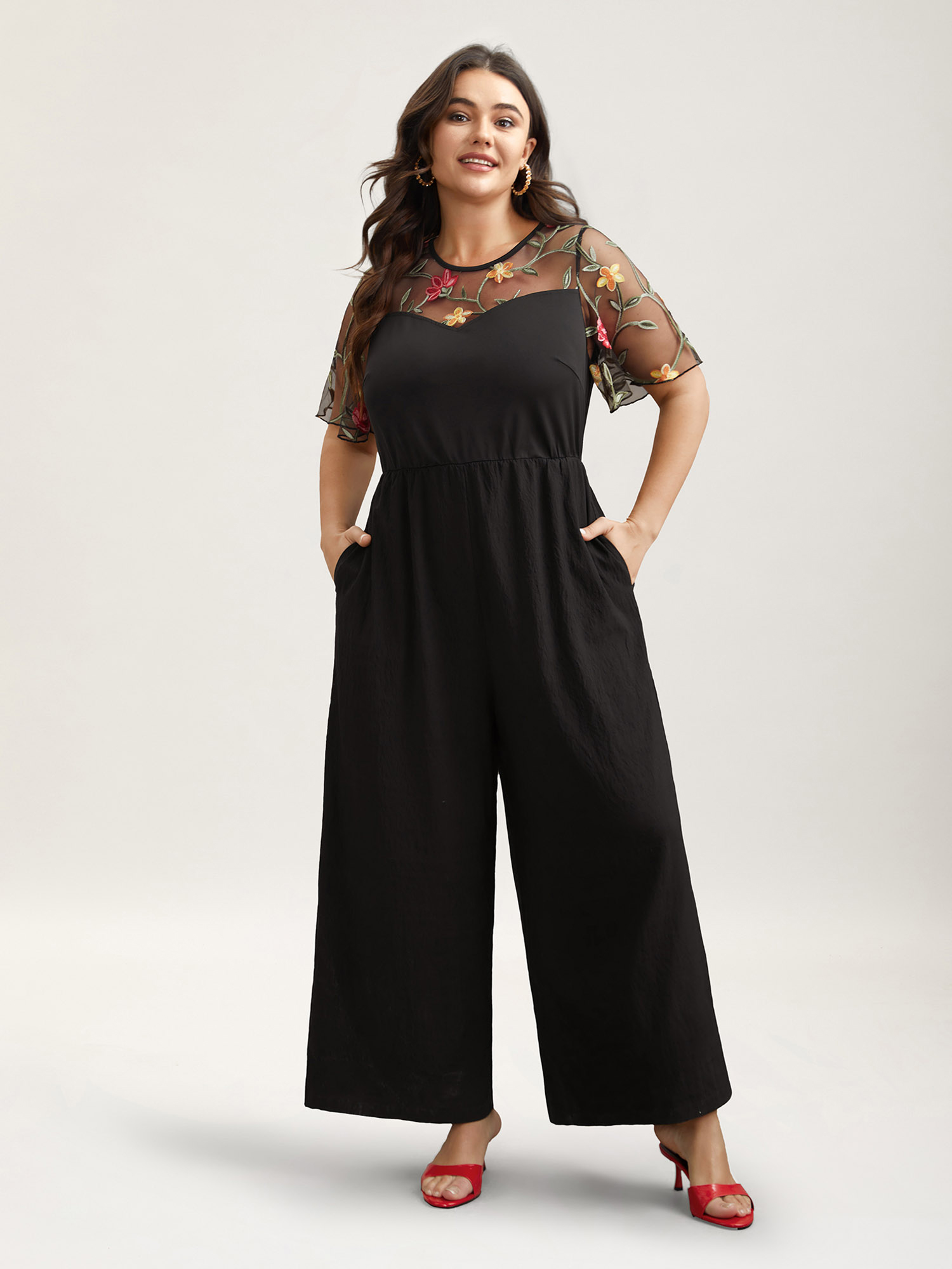 

Plus Size Black Floral Mesh Embroidered Flared Jumpsuit Women Elegant Short sleeve Round Neck Everyday-Elegant Loose Jumpsuits BloomChic